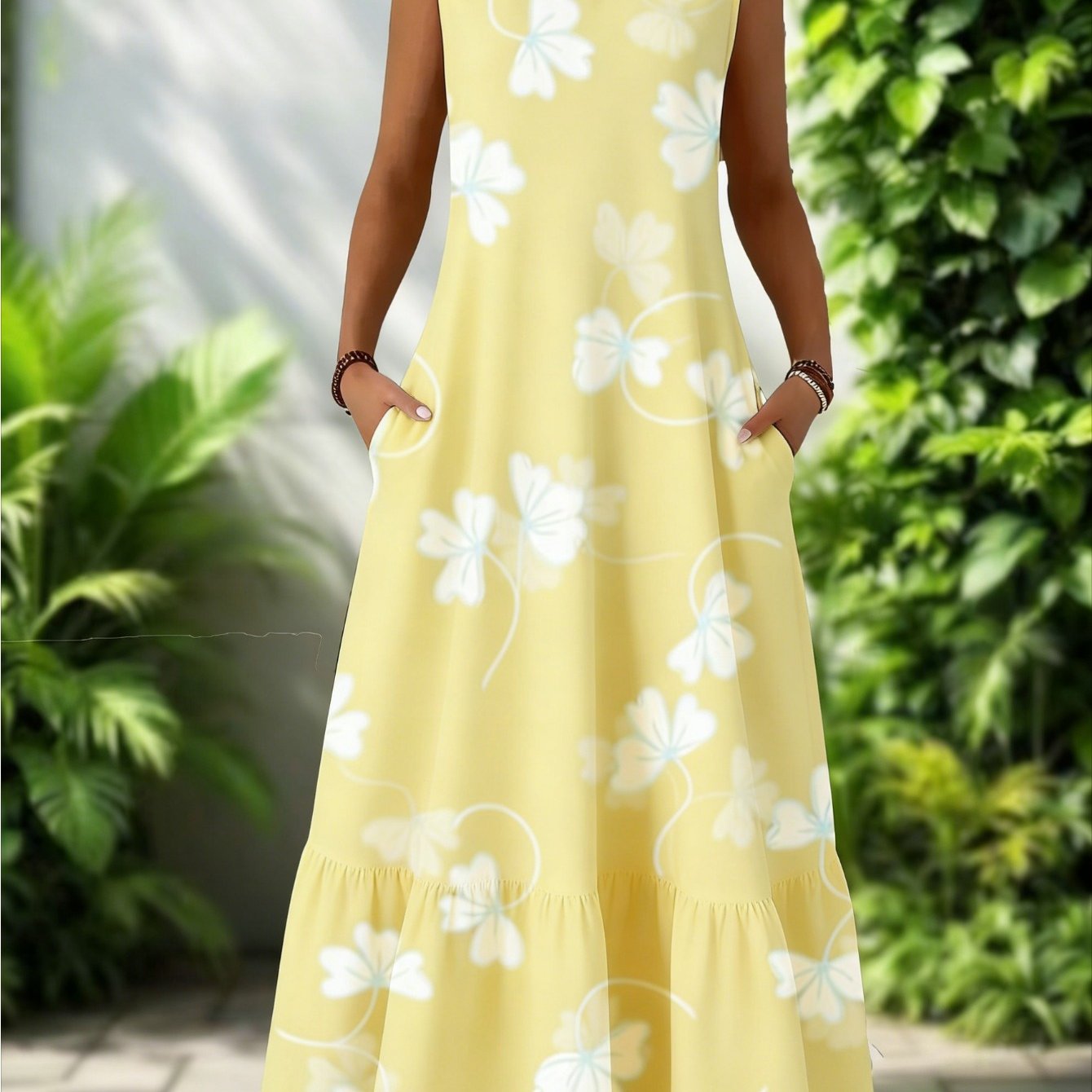 Image of Plus Size, Plus Size Elegant Printed Sleeveless Dress | Breathable Fabric, Contrast , Loose H-cut, Flared Skirt Medium And Long, , Crew Neck, Regular Version, Women's Fashion