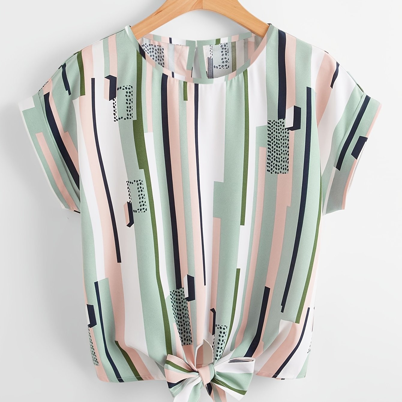 TEMU Fresh Geometric Color Block Striped Hem Short Sleeve Chiffon Blouse, Printed Round Neck Hem Knot Short Sleeve Top