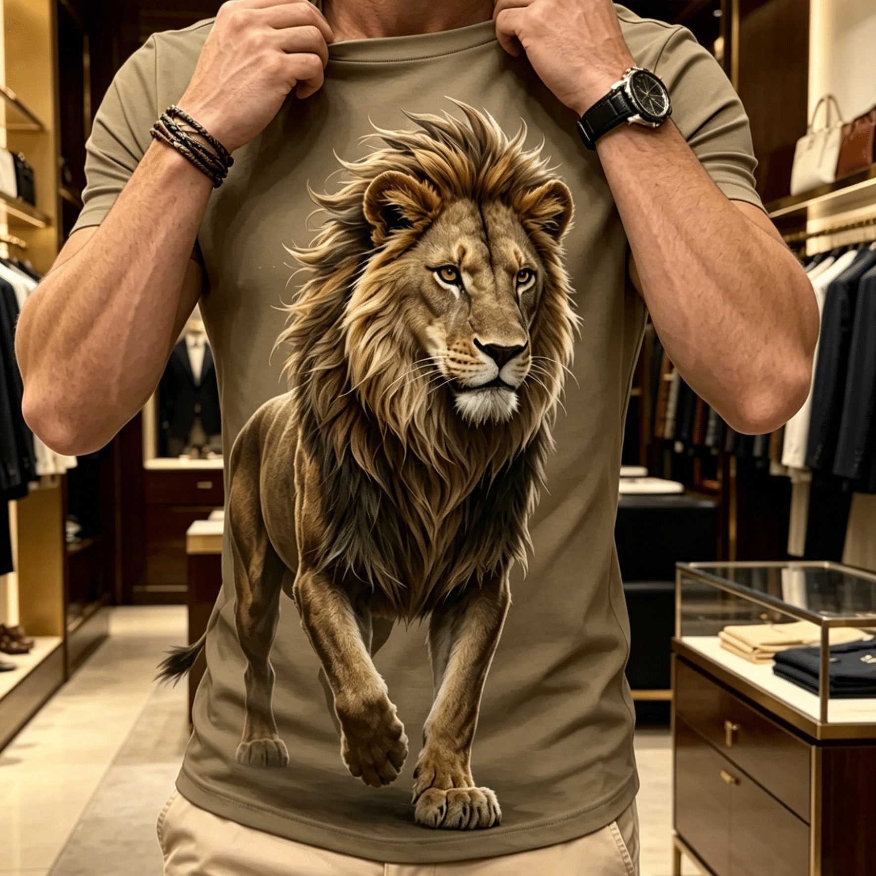 TEMU Print Design-not Textured] Men's Plus Size Short Sleeve, Realistic Lion Walking Print Short Sleeve T-shirt, Tough Aura Style Outfit