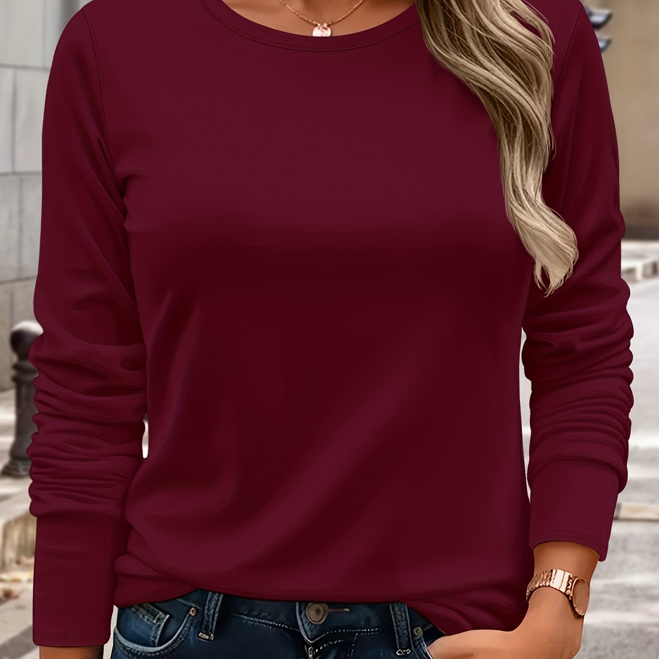 TEMU Women's Slim-fit Solid Color Long-sleeve Round-neck T-shirt/pullover - Blouse, Machine Washable Regular Length Top For Layering Or Solo Wear,