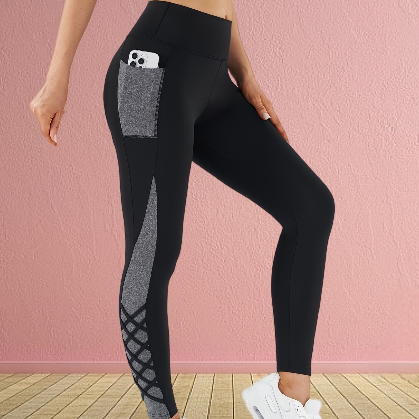 E-shop Damen Color-Block Yoga-Hose, Fitness Outdoor-Sportleggings, Bauchkontrollierende Po-Hebende Enganliegende Hose, Bequeme Atmungsaktive