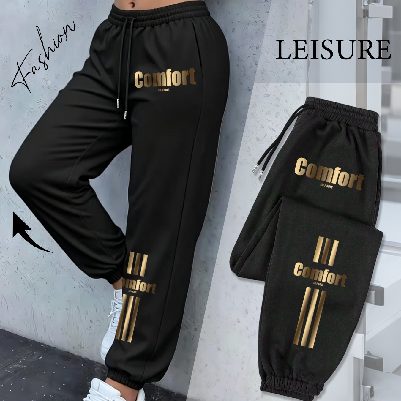 TEMU Ankle-cinching Joggers Women's Foil Letter Three-stripe Print Light Luxury Loose Drawstring Women's Casual Joggers