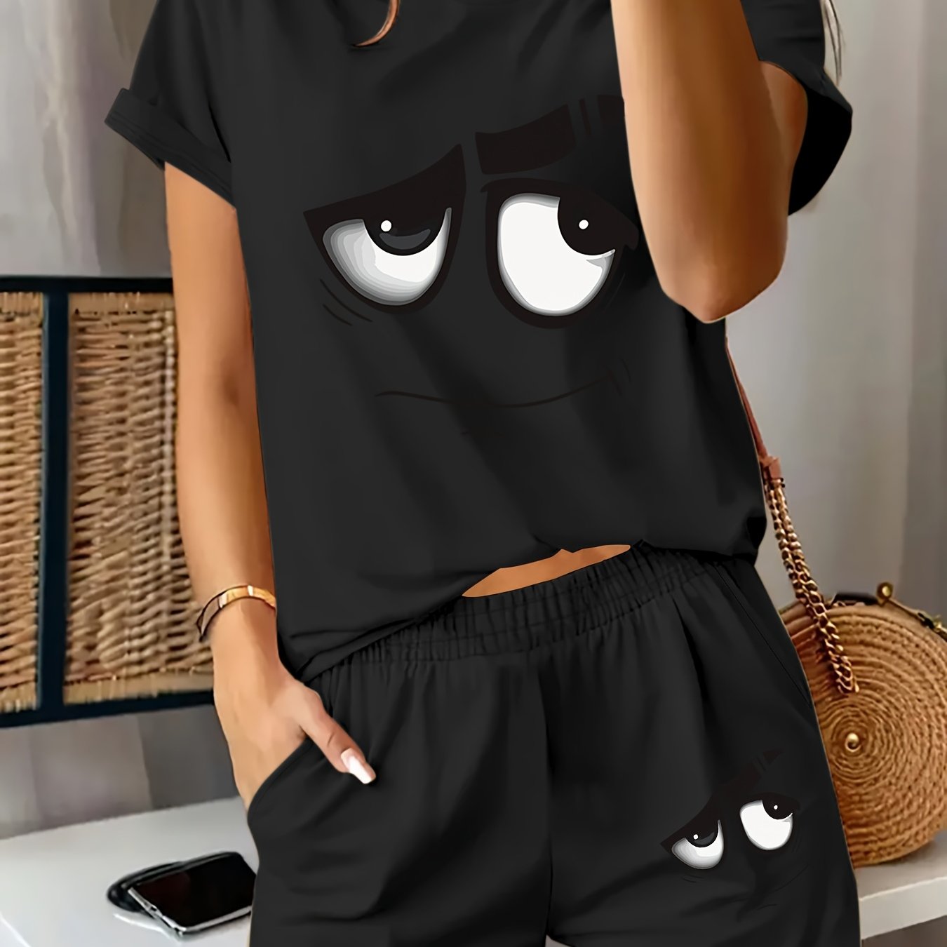 TEMU Nuovo Set Estivo 2025, Stile Cartone Animato, Motivo , Top Casual a Maniche Corte con Stampa e e Pantaloncini con Tasche e Elastico in Vita da