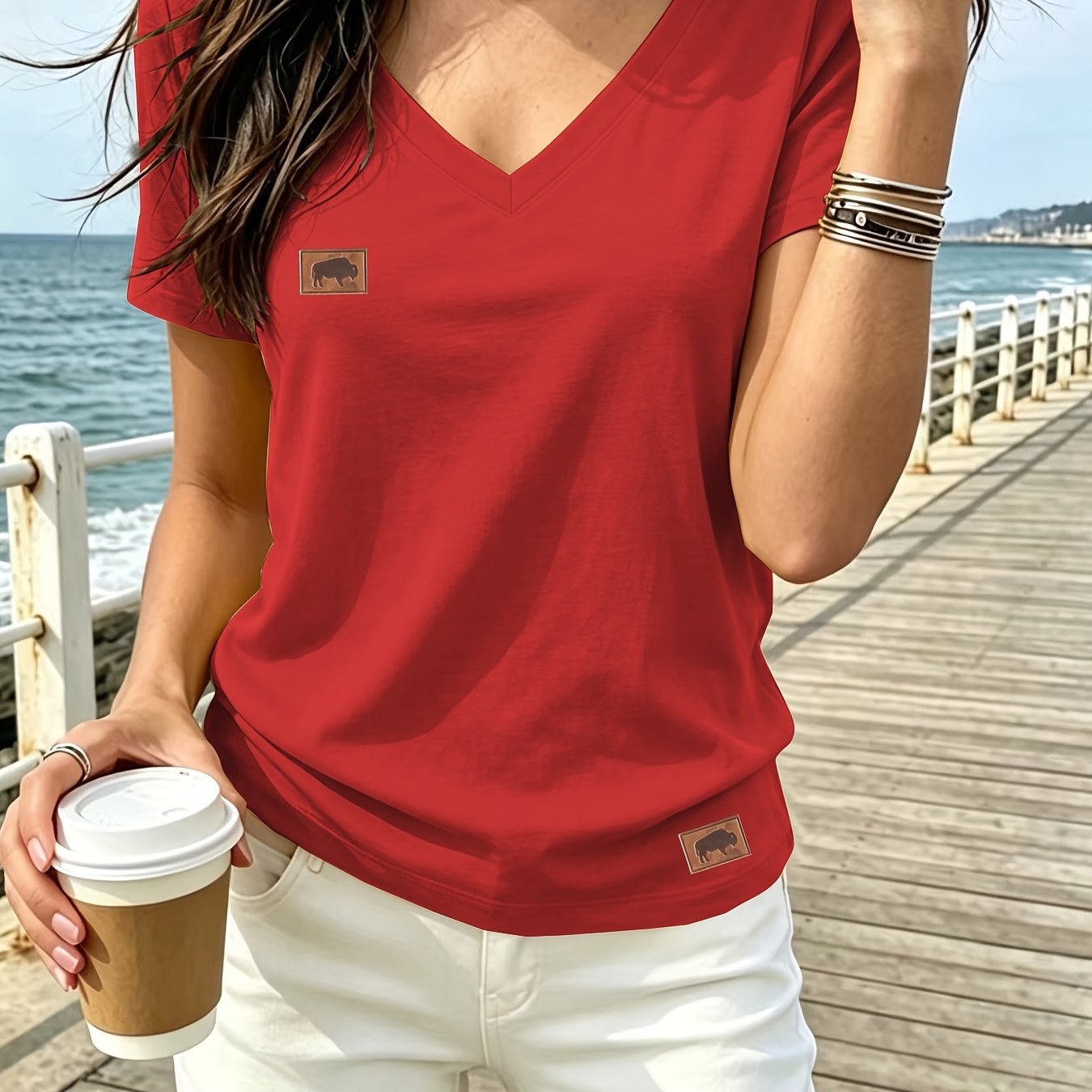 TEMU Gentle Soft V-neck Short Sleeve Home T-shirt For Women, Printed Design - Not Textured Pattern, Loose Straight Fit, Casual Wear For Home And Out