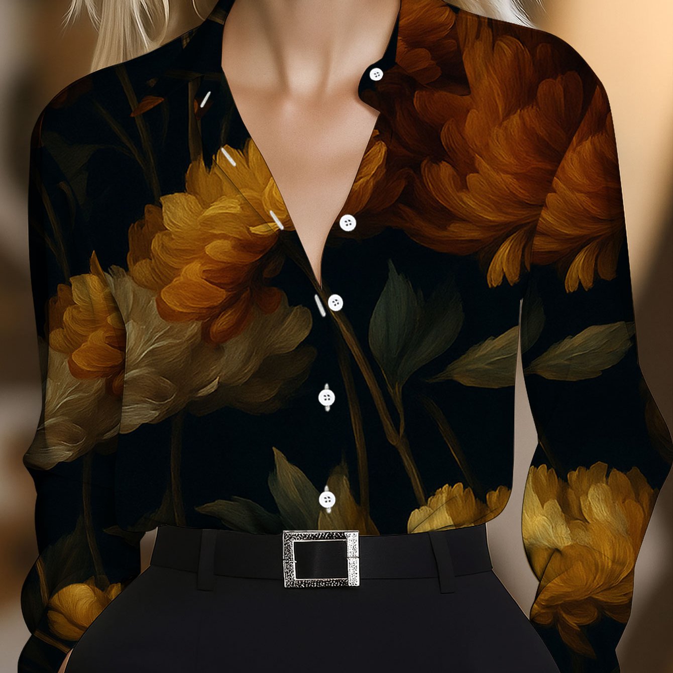 TEMU New Women's Long-sleeve Printed Shirt With A Stylish Casual Button- Collar, Featuring A Loose Fit And An Oil Painting Style. This Shirt Is