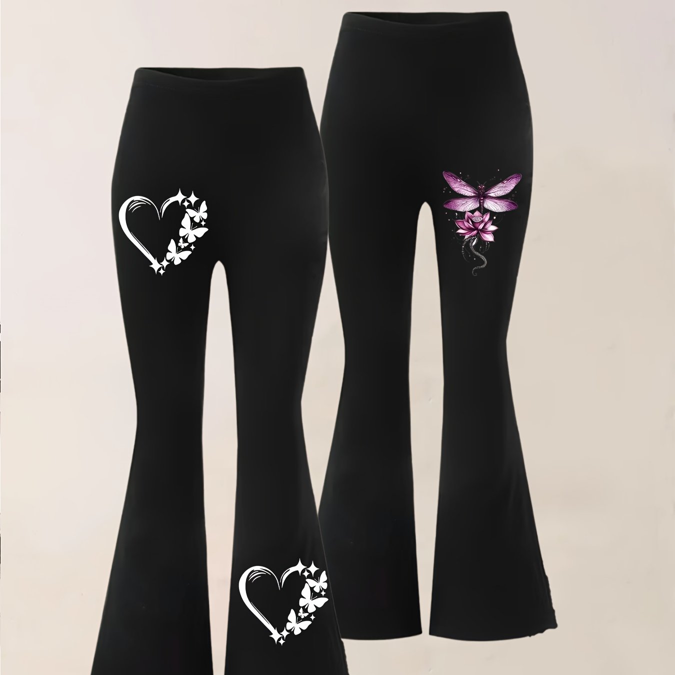 TEMU 2pcs Women's High-stretch Flare Pants - Floral Print - Comfortable And Elegant, Suitable For Casual, Sporty, And Formal Wear - Long Length For