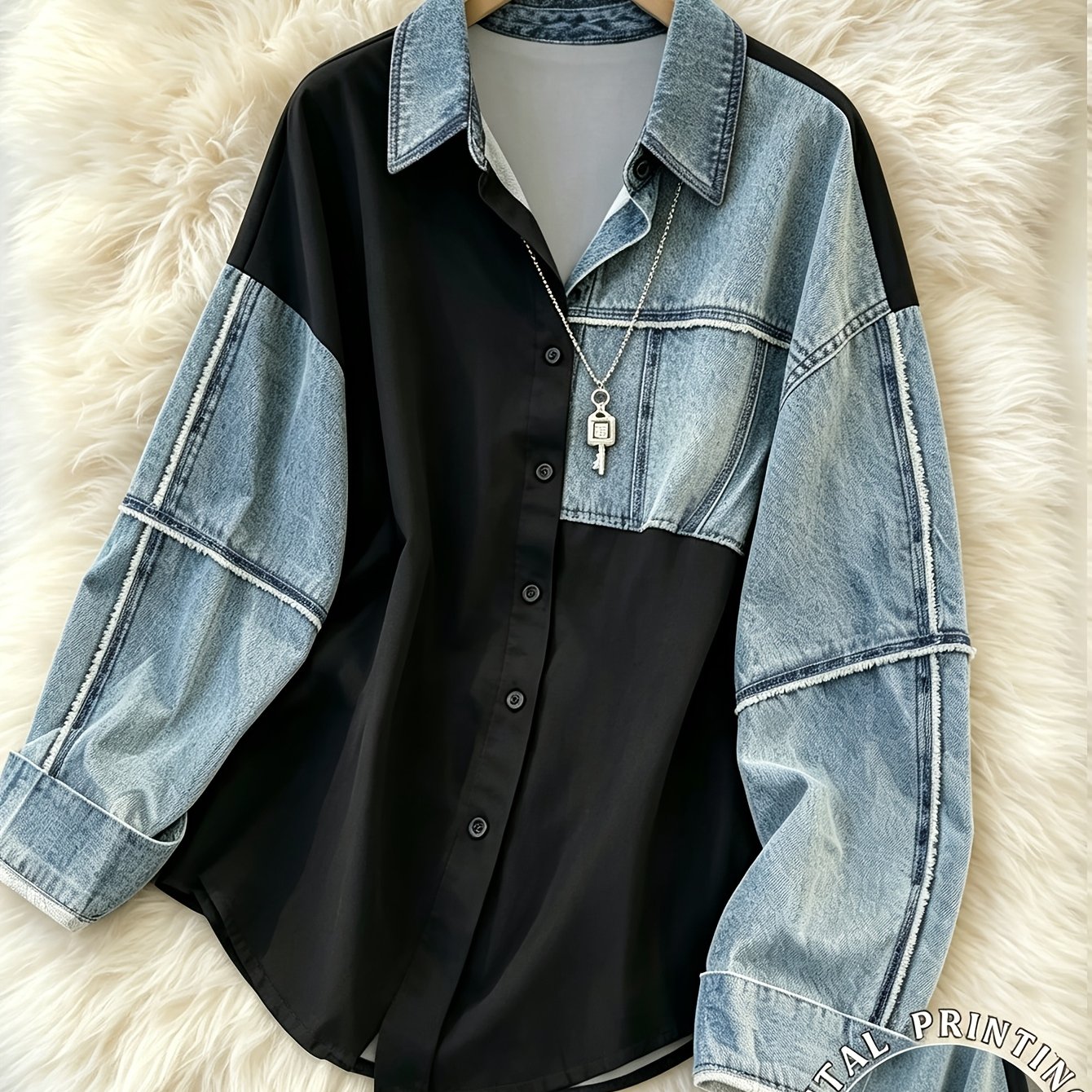 TEMU [Pantalon Imprimé - Pas en Denim] Chemise à Imprimée Denim à Manches Longues, Coupe et Décontractée Y2K Rétro pour Femmes, Style Patchwork Denim