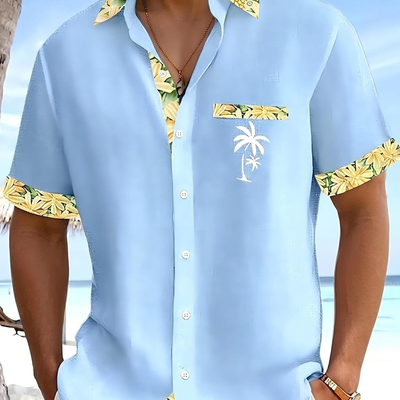 TEMU [print Design â Not Textured] Men's Summer Floral And Striped Pattern Short Sleeve Shirt, Comfortable Skin-friendly Breathable, Suitable For