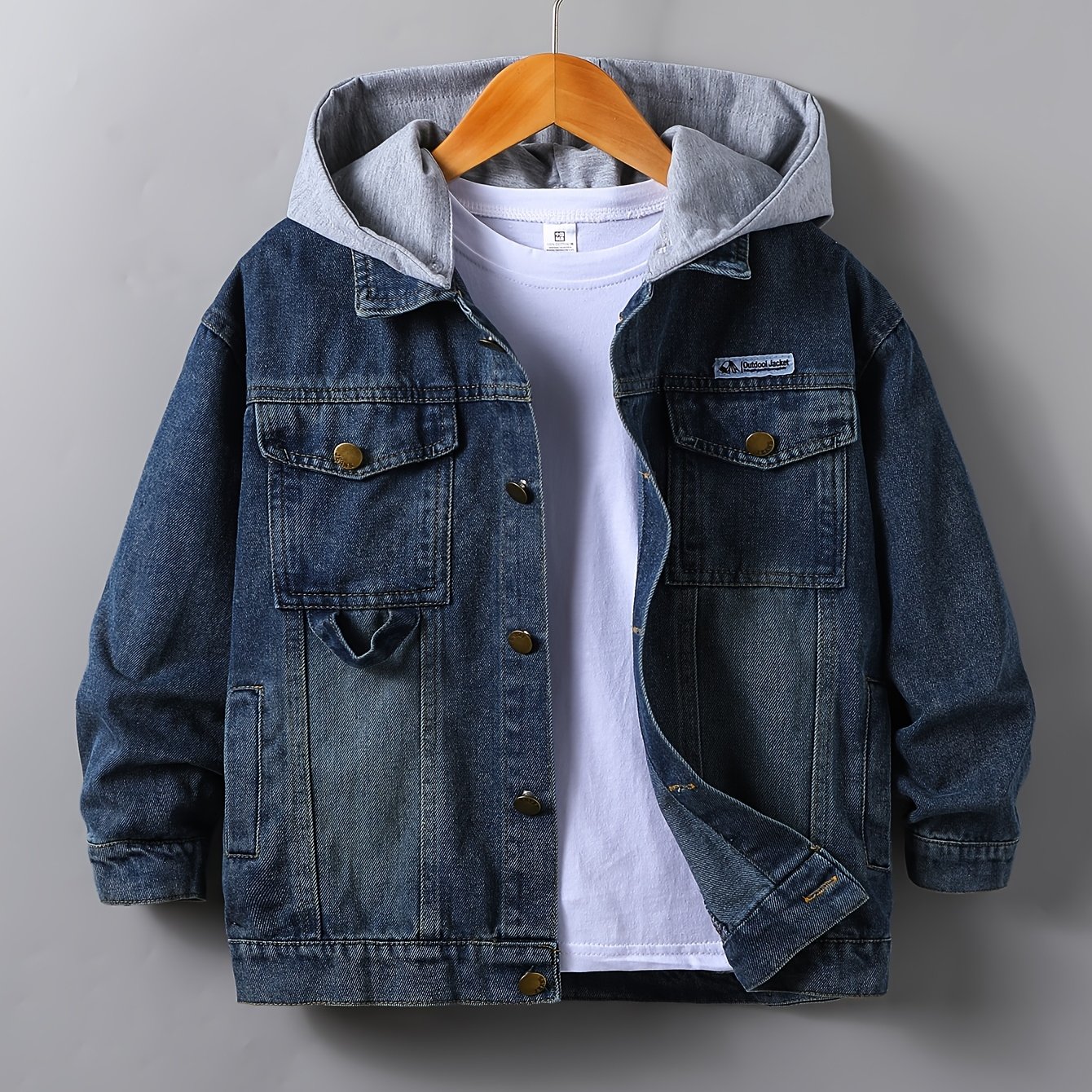 Image of Boys' Casual Hooded Denim Jacket With Removable Hood - Rayon Blend, Non-stretch, Solid Color, Perfect For Spring/fall