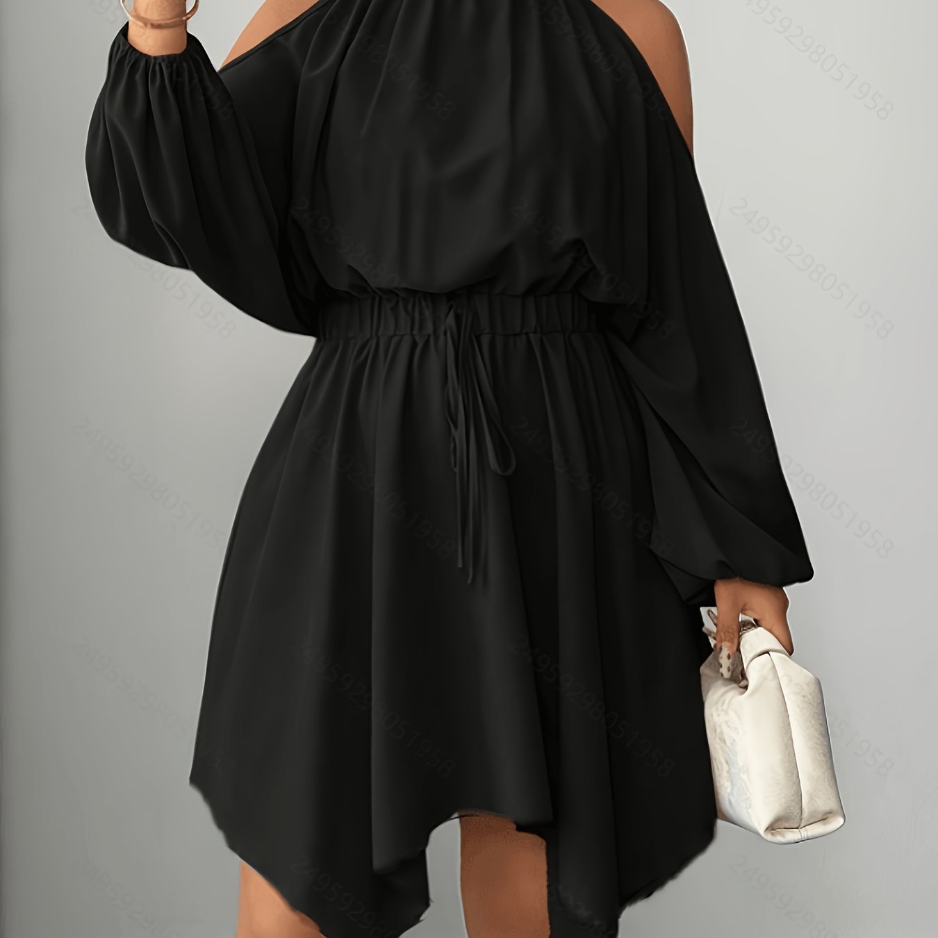 TEMU Plus Size, Women's Elegant Black Formal Evening Dress - Cold Shoulder Hanging Neckline With Lantern Sleeves & Asymmetrical Hem, Fitted Pleated