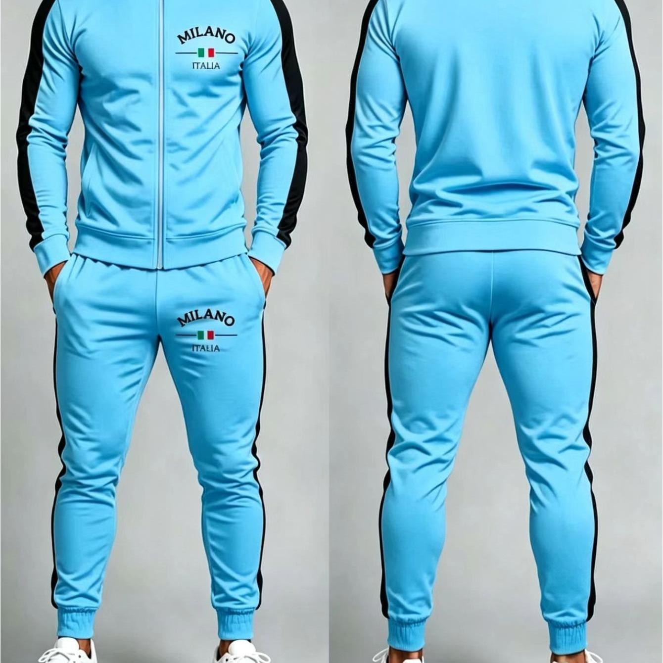 Image of Men's 2pcs Casual Sports Suit With Wide Side Stripe Collar Jacket Italia Letter Italian Tricolor Flag Print Same Color Drawstring Ankle Pants Fitness Commuting Business Casual Versatile Sportswear