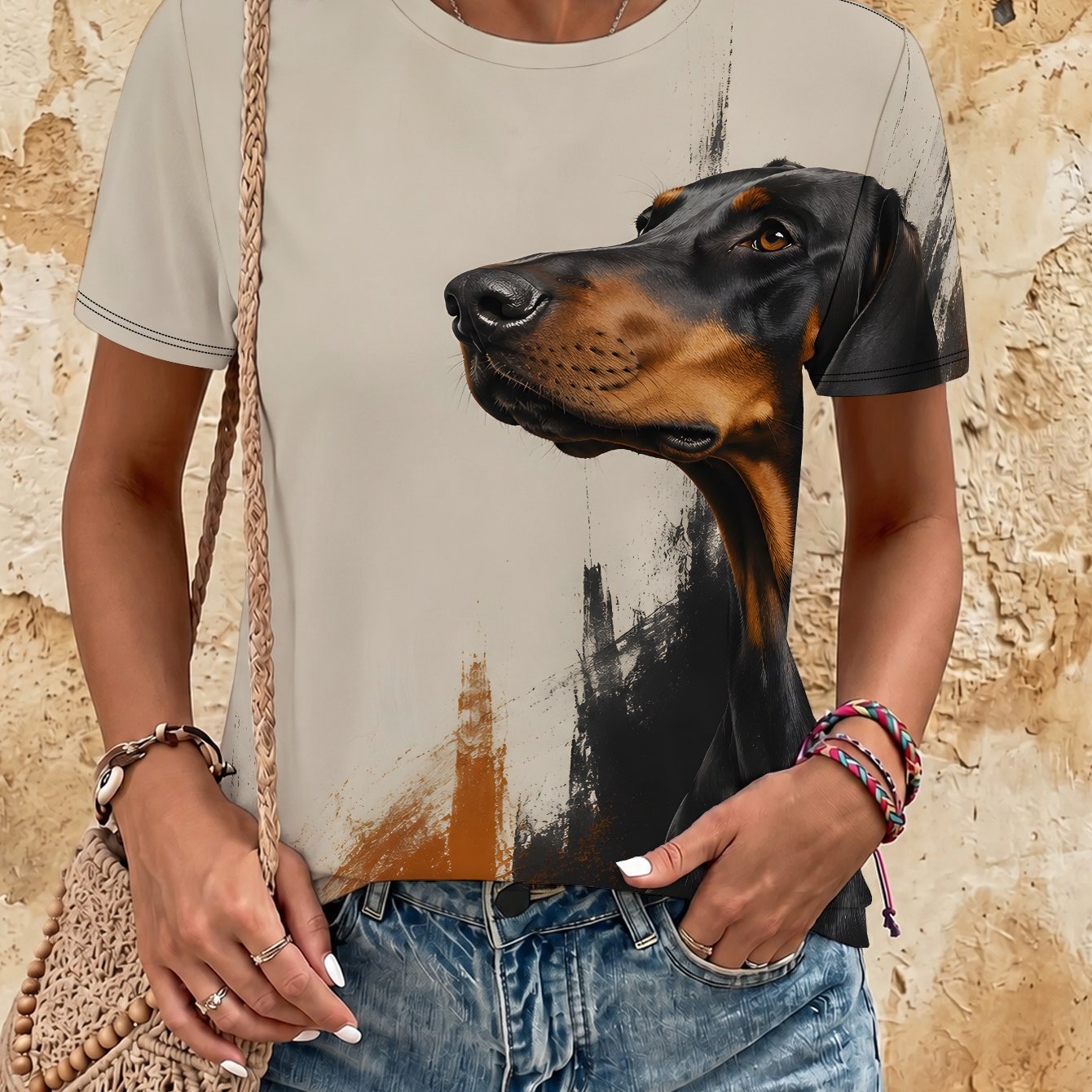 TEMU Doberman Sleek Watch Portrait Women's Casual Print Round Neck Short Sleeve T-shirt, Daily Tees, , Fashionable For Summer Beach, Vacation