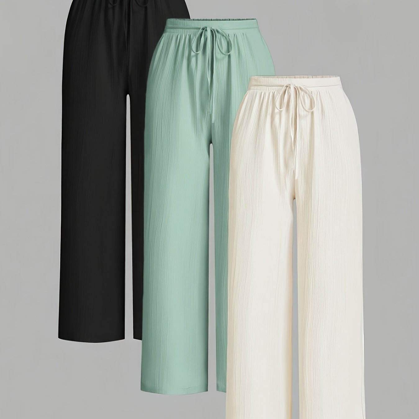 Women'-piece Solid Color Basic Textured Elastic Waist Tie Detail Pleated Wide-leg Pants Set