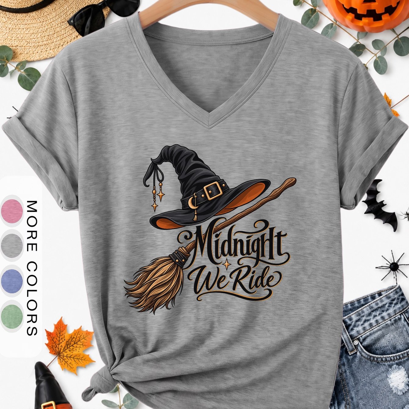 TEMU Plus Size - [halloween] Plus Size Women's Fashion V-neck Witchy Mystical Style Wizard Hat Broom Print T-shirt, Loose Casual Fit, And Coverage,