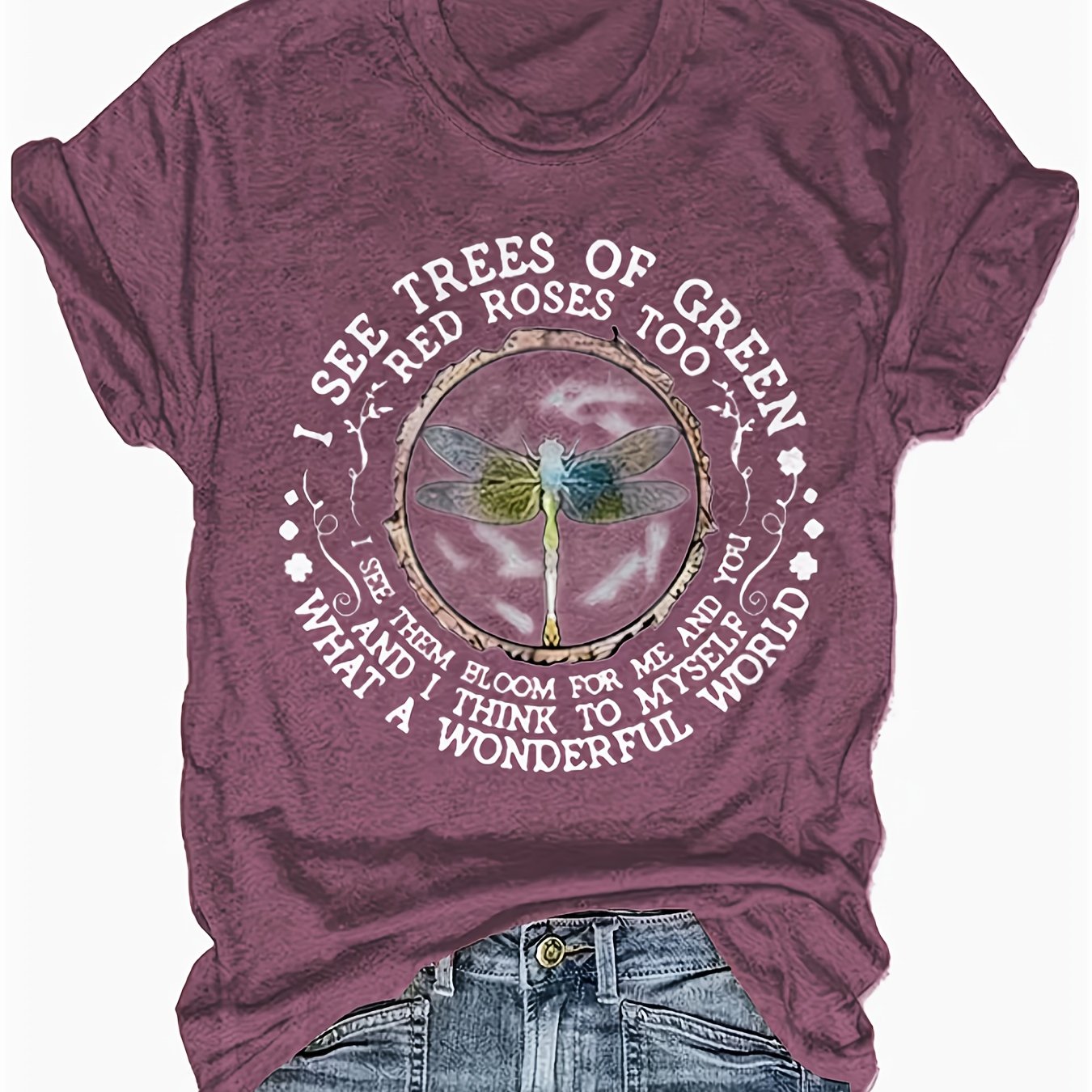 TEMU Dragonfly And Nature Quote Creative Women's Casual T-shirt, Round Neck Short Sleeve T-shirt, Machine Washable, Simple And Versatile Breathable Spring And Summer (vacation And Travel Theme)