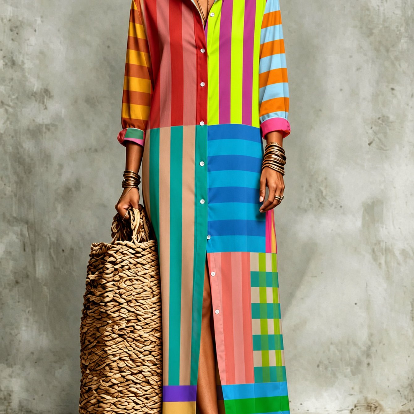 Image of Plus Size - 2026 Autumn New Long Sleeve Shirt Dress For Women, Rainbow Multi-stripe And Plaid Printed Split Maxi Dress, Oversized Casual Clothing For Daily Weekend Trips And Leisure Occasions