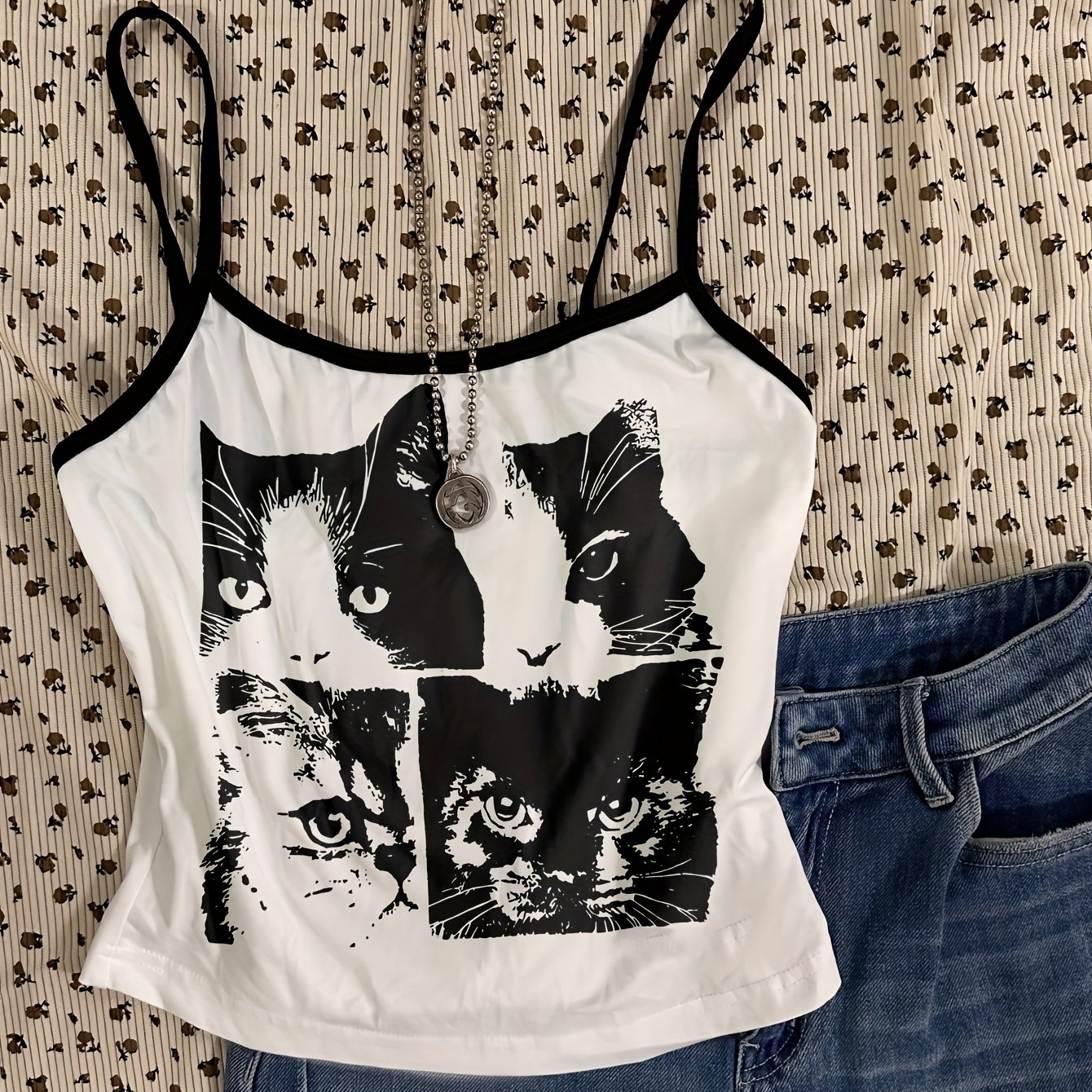 Image of Women's Cute Cat Print Black Strap Back Ring Camisole Tank Top