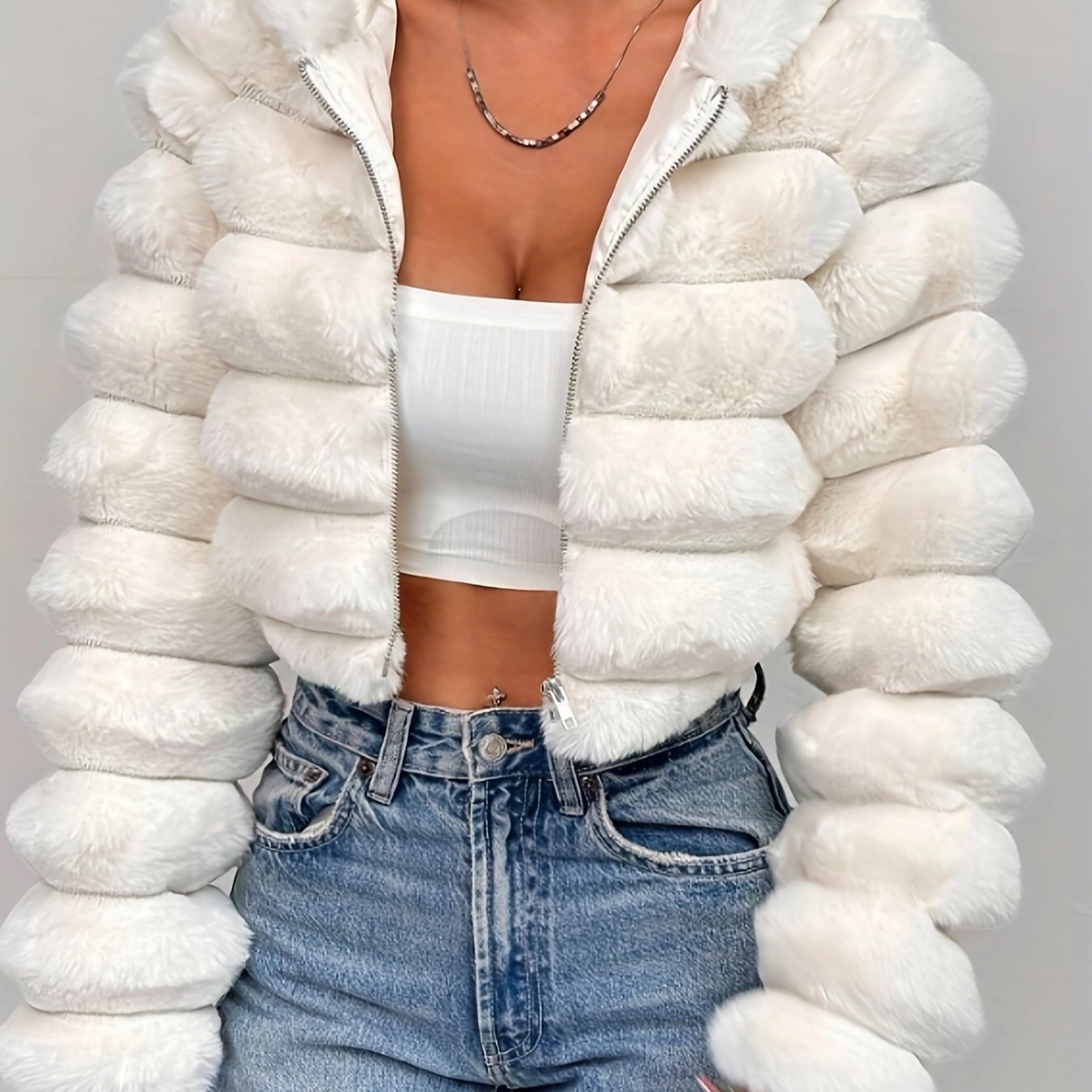 Image of Striped Plush Hooded Short Jacket Women's Autumn Winter Zipper Cardigan Thickened Warm Loose Long Sleeve Top