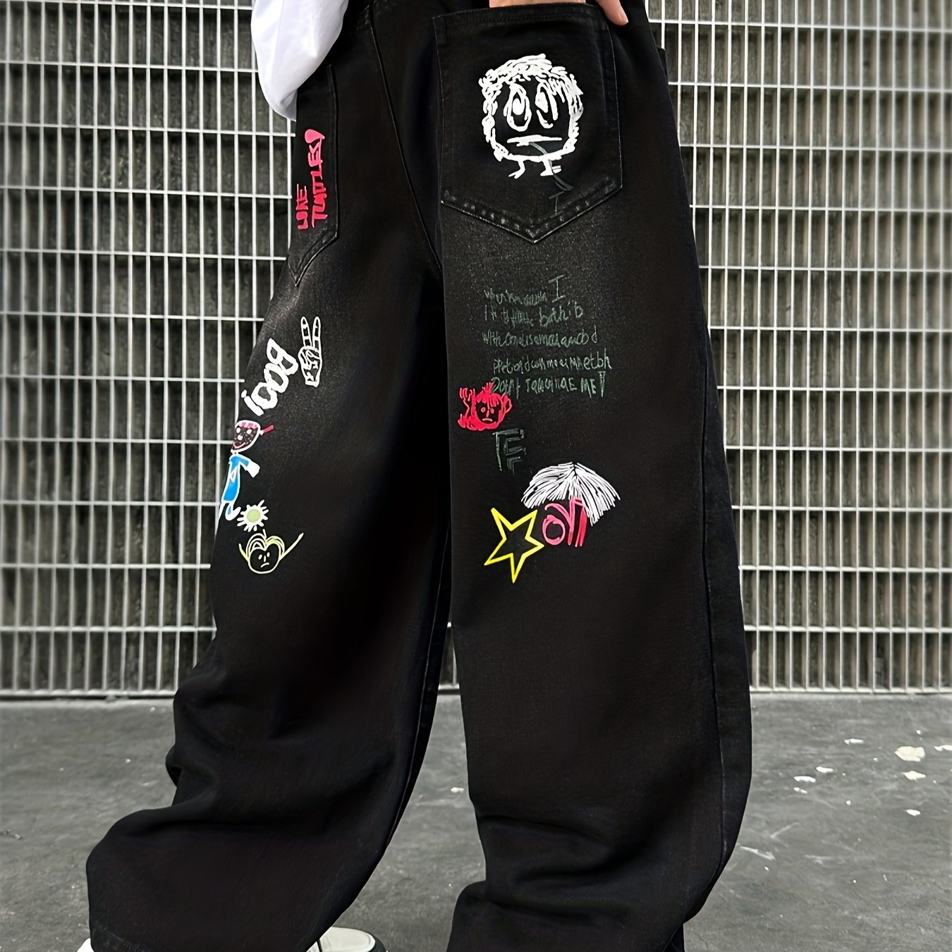 Image of Boys' Letter Cartoon Print Stone-washed Straight-leg Loose-fit Jeans, Soft And Comfortable, Stylish And Versatile, For Teenager
