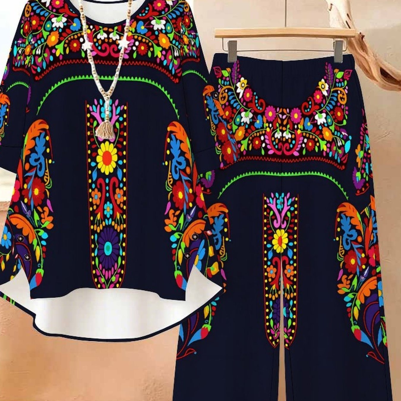 Plus Size - Elegant And Fashionable Women's Casual Set (women's Round-neck Long-sleeved Top And Long Pants Set), Women's Plus Size Set With Multi-element Prints, Ideal For Daily Life And Travel