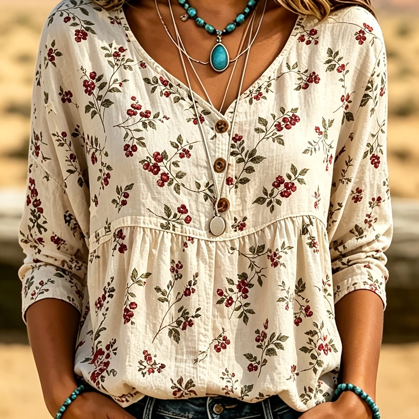 Image of Women Vintage Berry Floral Print V Neck 3/4 Sleeve Henley Blouse, Boho Loose Fit Babydoll Shirt Casual Tops