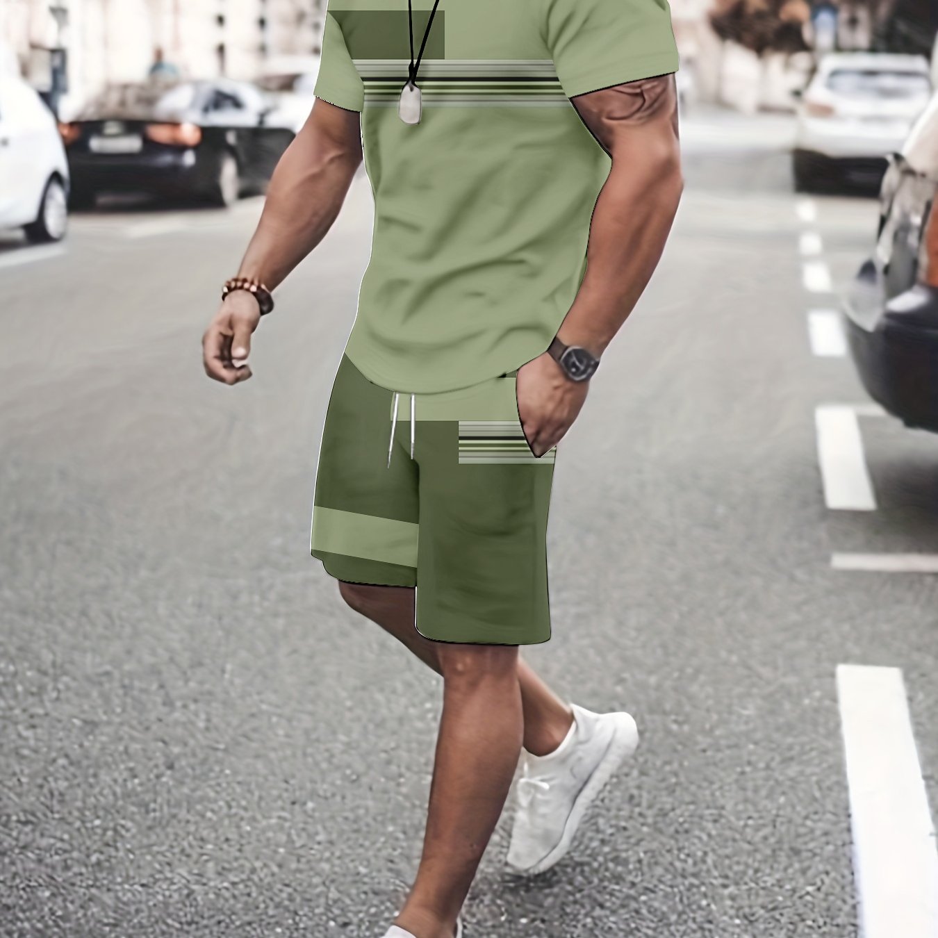 TEMU Conjunto Moderno para Hombre: Camiseta de Manga Corta + Shorts Casuales, Conjunto de Dos Piezas Ajustado para Verano, Moda Masculina