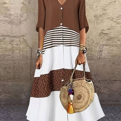 elegant color block long dress with button decorations v neck three quarter sleeve and polka dot print versatile casual dress for adult casual wear dress polyester fabric