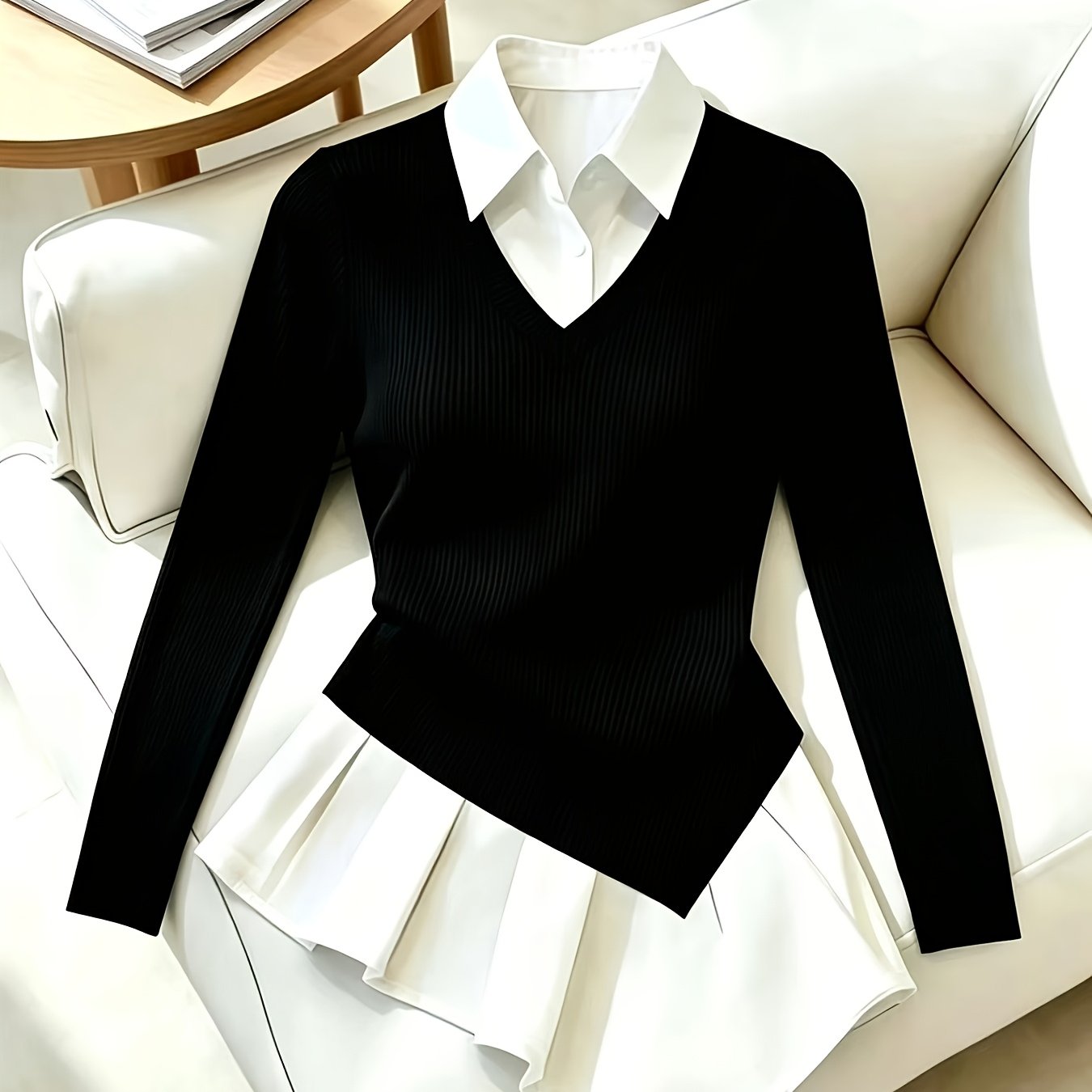 TEMU Haut élégant directionnel pour femmes, style français, , de couleurs, col polo, manches courtes, ourlet asymétrique, mode automne hiver,