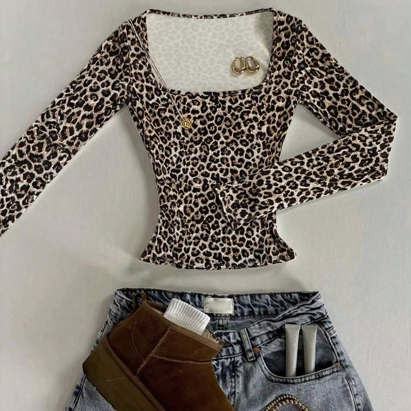 TEMU Autumn Fashion Night Out Classic Leopard Neck Slim-fit Long Sleeve T-shirt, Stylish Animal Print Top