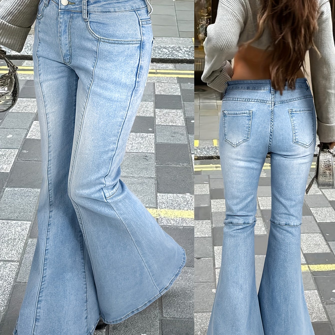 Women' Blue Flare Jeans - Mid-rise, Stretch Denim With Slant Pockets, Casual Bell Bottoms, Fit With Gradient