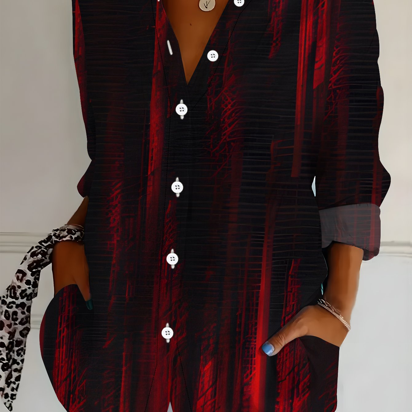 TEMU Plus Size Women's Long Sleeve Shirt Vertical Stripe Style Printed Shirt Red Elements Mid-length Women's Shirt Dark Red Shirt Soft Comfortable