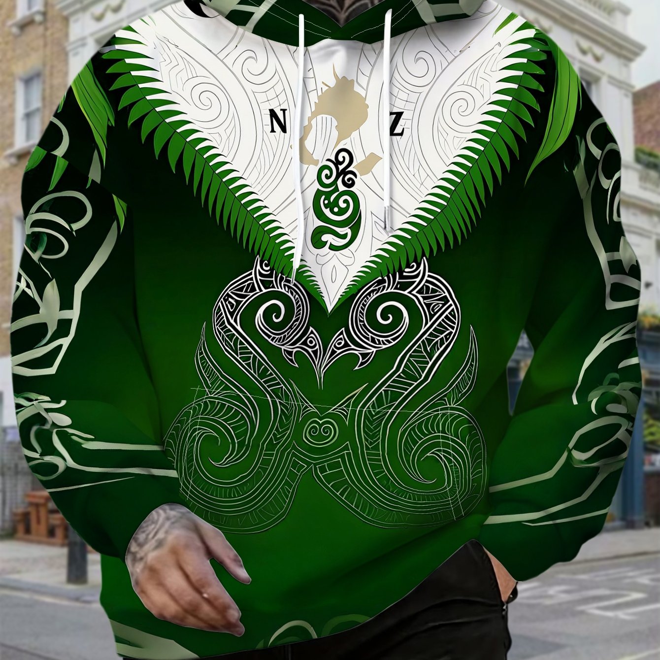 TEMU 's Casual Hooded Sweatshirt With Green Maori-inspired Pattern Featuring And Letter Elements, Versatile For Holiday Parties And Commuting,