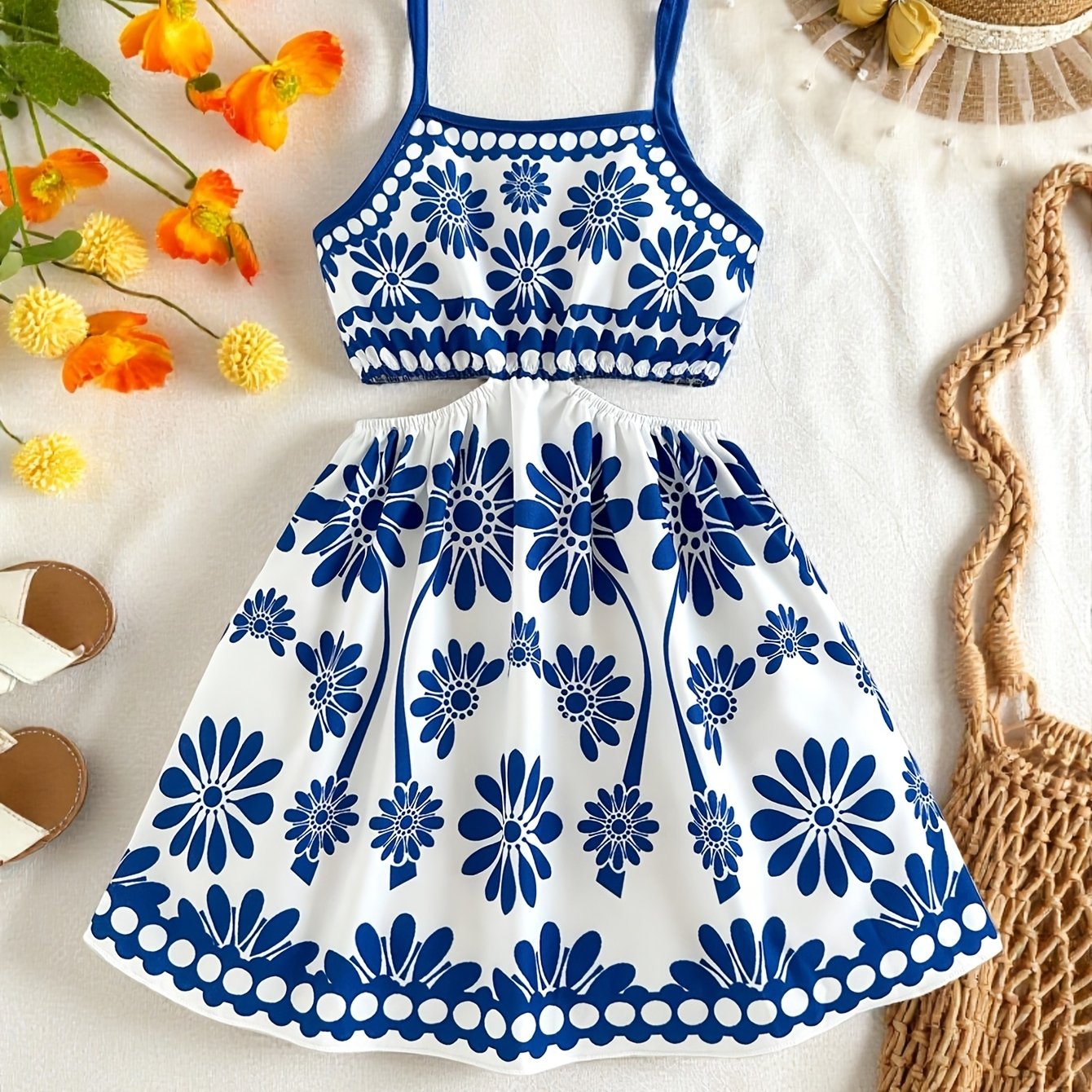 TEMU Fashionable Temperament Girl White Floral Print Hollowed Out Cami Dress Single Piece, Elegant And Comfortable, Machine Washable, Halloween