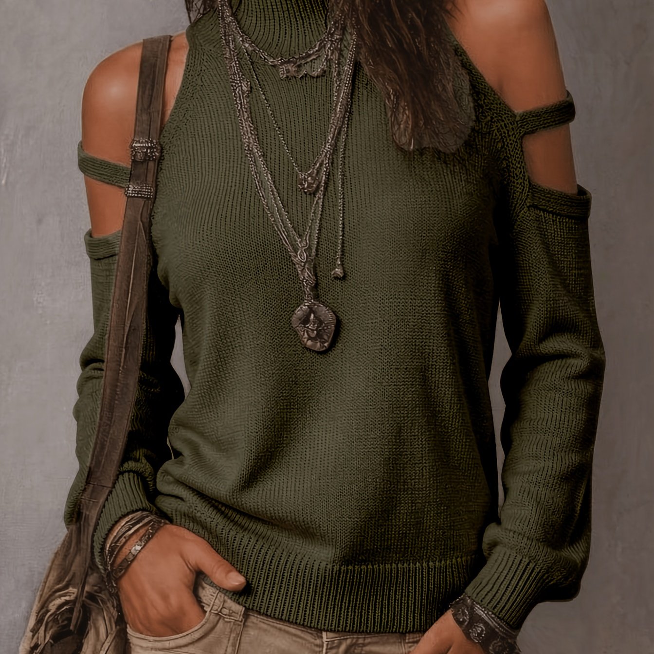 TEMU Autumn Lazy High-neck Off-shoulder Hollow Sweater Women's Retro Long Sleeve Off-shoulder Pullover