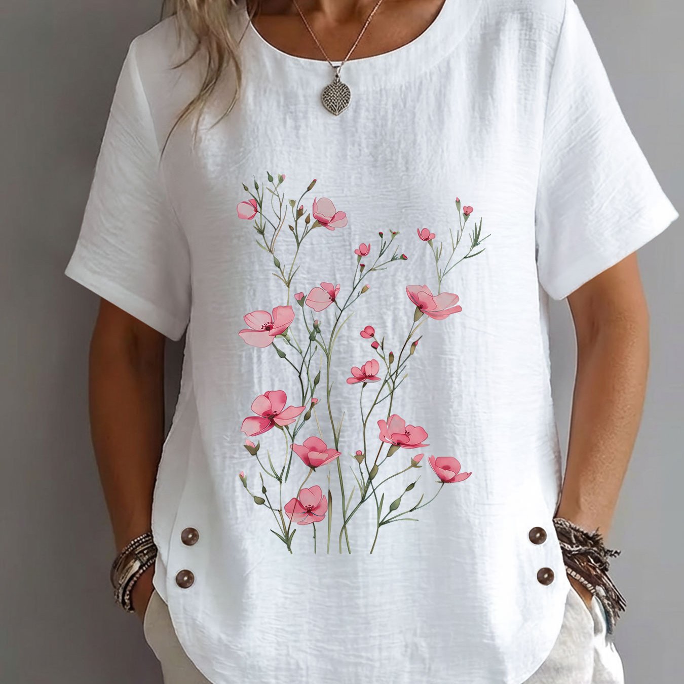 TEMU Spring Summer Women's , Style Pink Flower Bud Short Sleeve Round Neck Loose Comfortable Women's Top
