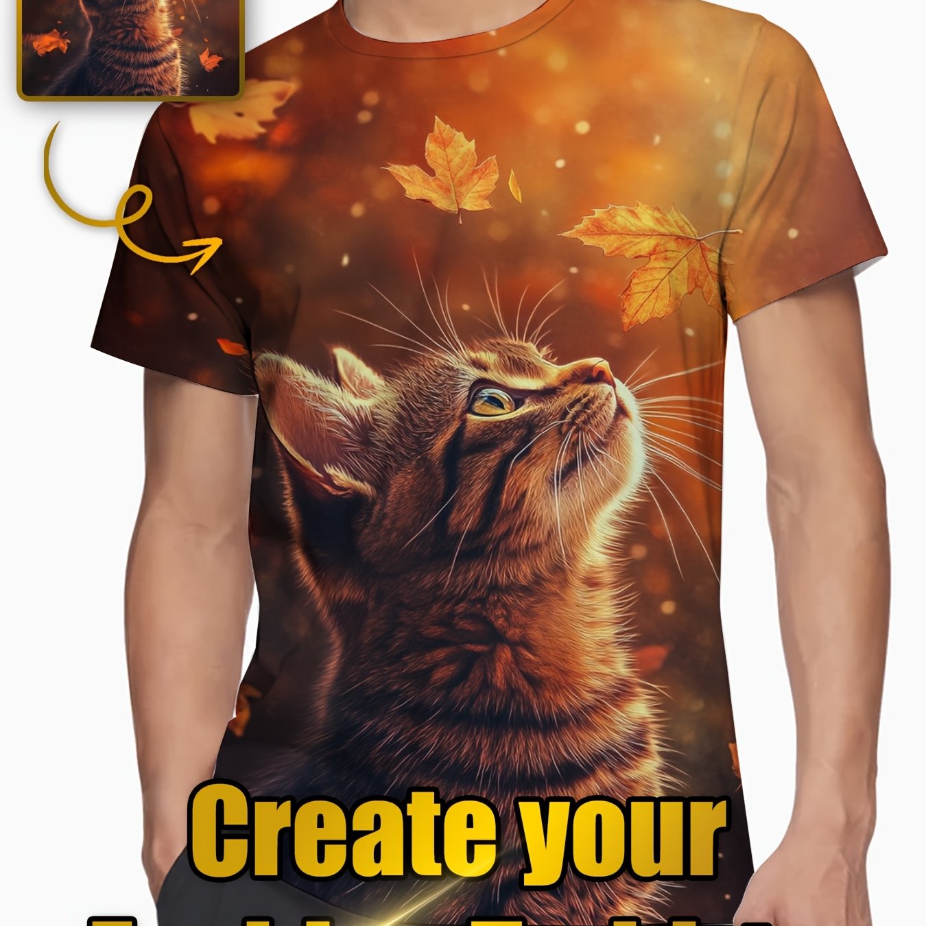 TEMU 1pc Customizable 3d Cat T-, Polyester Knit , Neck Tee, Transfer Printed Summer Top, - Ztb