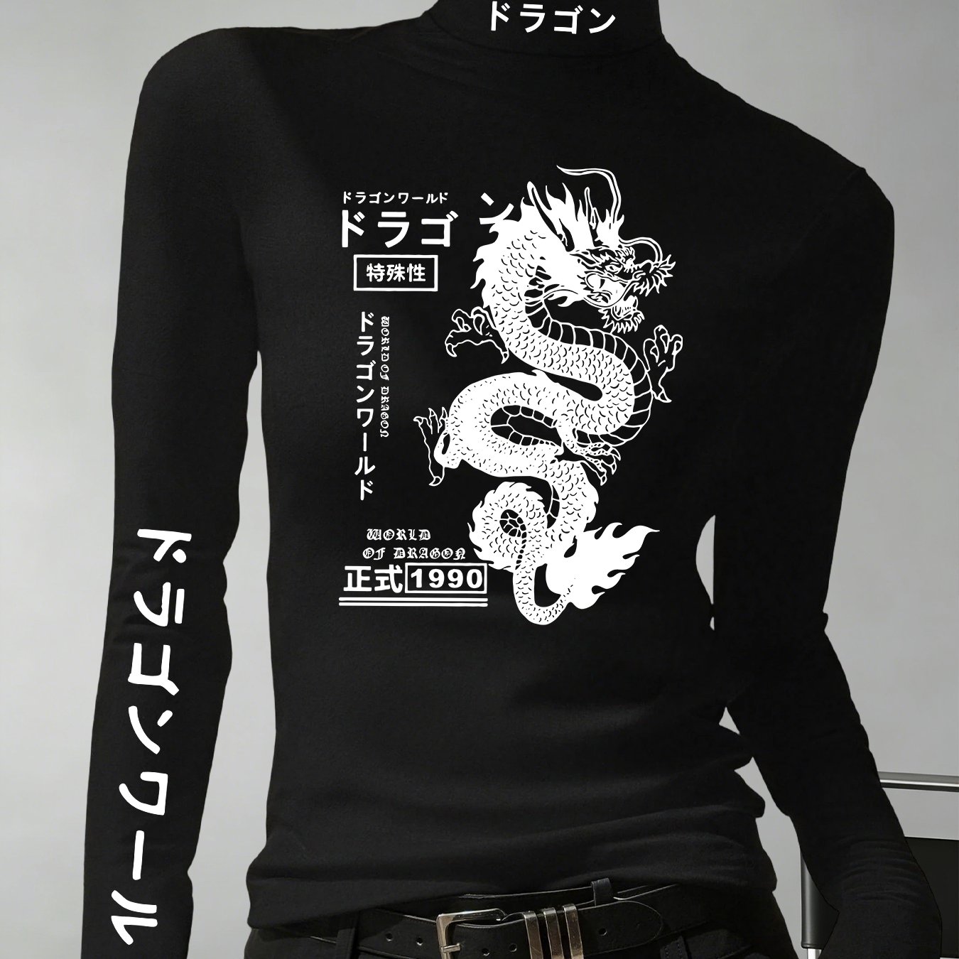 TEMU Women' Y2k Japanese Streetwear High-neck T-shirt - Cool Dragon Print Base Layer Top, Non- Long Sleeve Blouse Shirt Suitable For Fall/winter