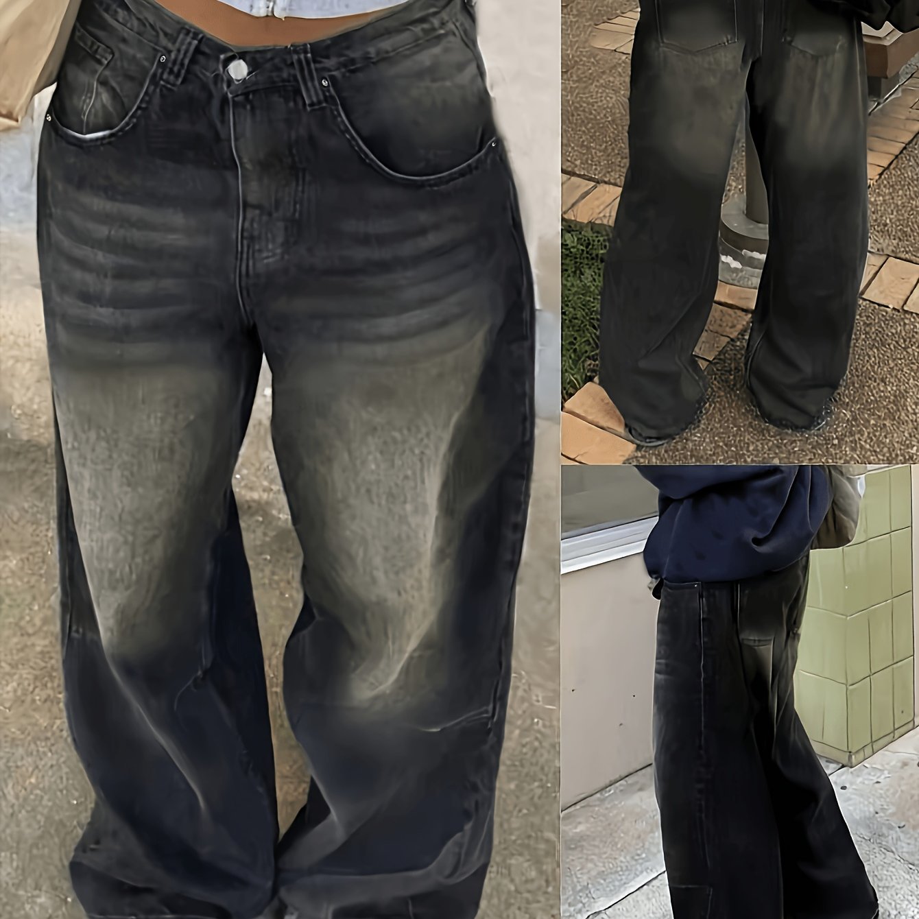 Image of Casual Elastic Waist Boyfriend Style Women's Wide-leg Denim Pants