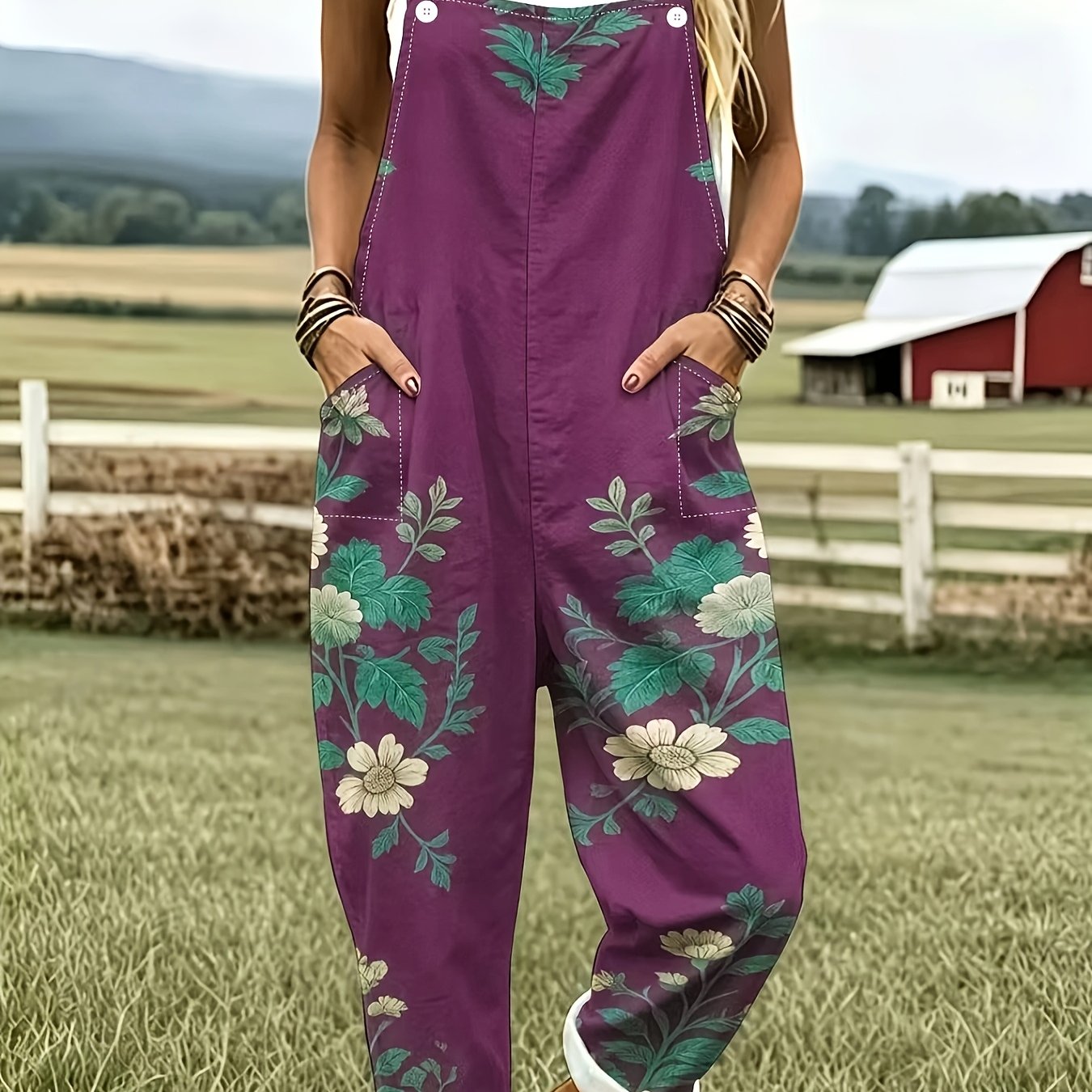 TEMU Dark Purple Overalls With Dark Green Foliage And Floral Print; Multiple Pockets; Roll-up Cuffs; Retro Pastoral Style, Loose Fit, Cargo Pants.