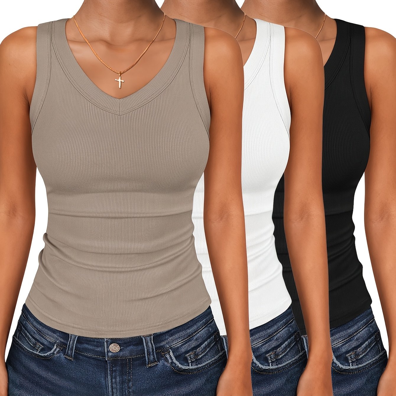 Image of Three-piece Set Women's Comfortable V-neck Tank Top Basic Soft Fitted Top Fashion Casual Sleeveless Vest