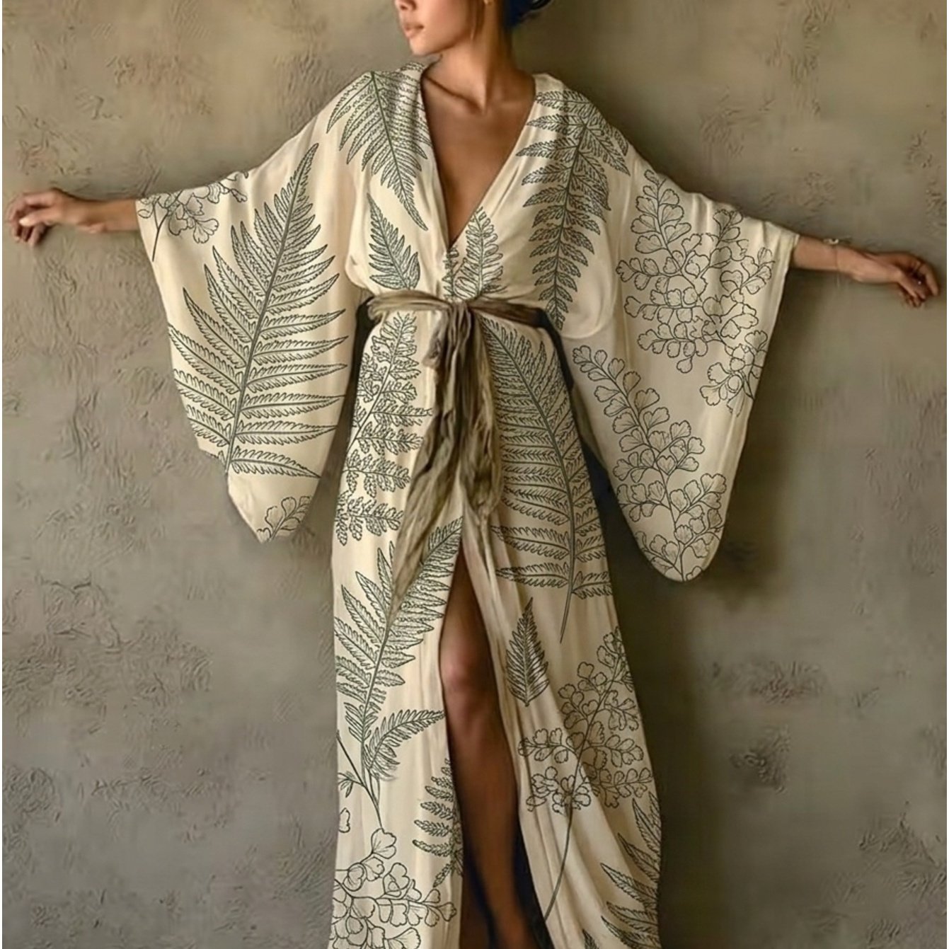Image of Women's Elegant Kimono Robe Dress With Botanical Prints, Featuring A Waist Tie And Wide Sleeves, Long Sleeves, Machine Washable, An Ideal Gift, Suitable For Wear, Beach Vacations And Couple Dates