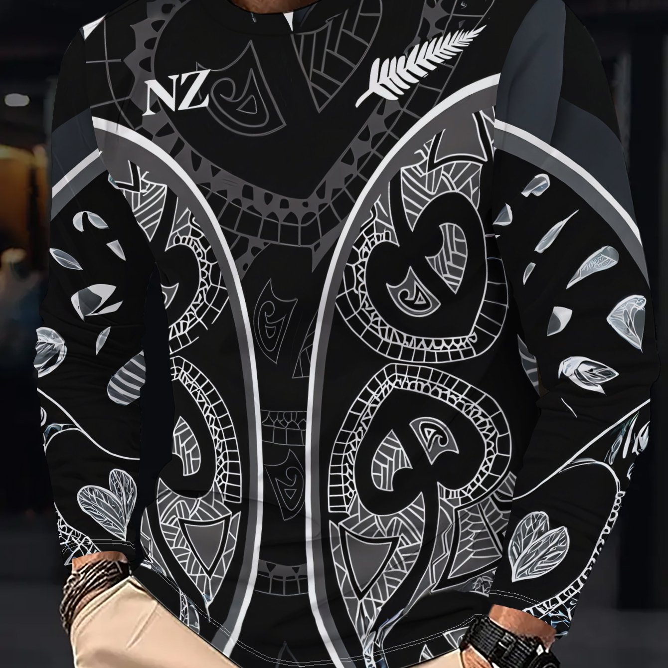 TEMU Men's Casual Long-sleeve T-shirt Featuring A Black And White Design With Heart-shaped Leaves And Geometric Patterns, Soft And Comfortable,