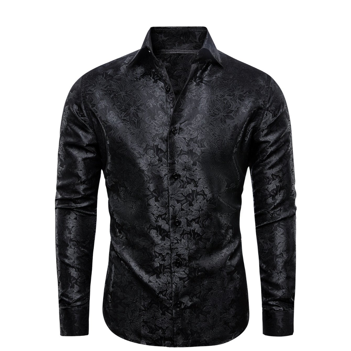 Image of Men's Black Floral Jacquard Long Sleeve Dress Shirt - Add Sophisticated Detail To Formal Events And Business Meetings