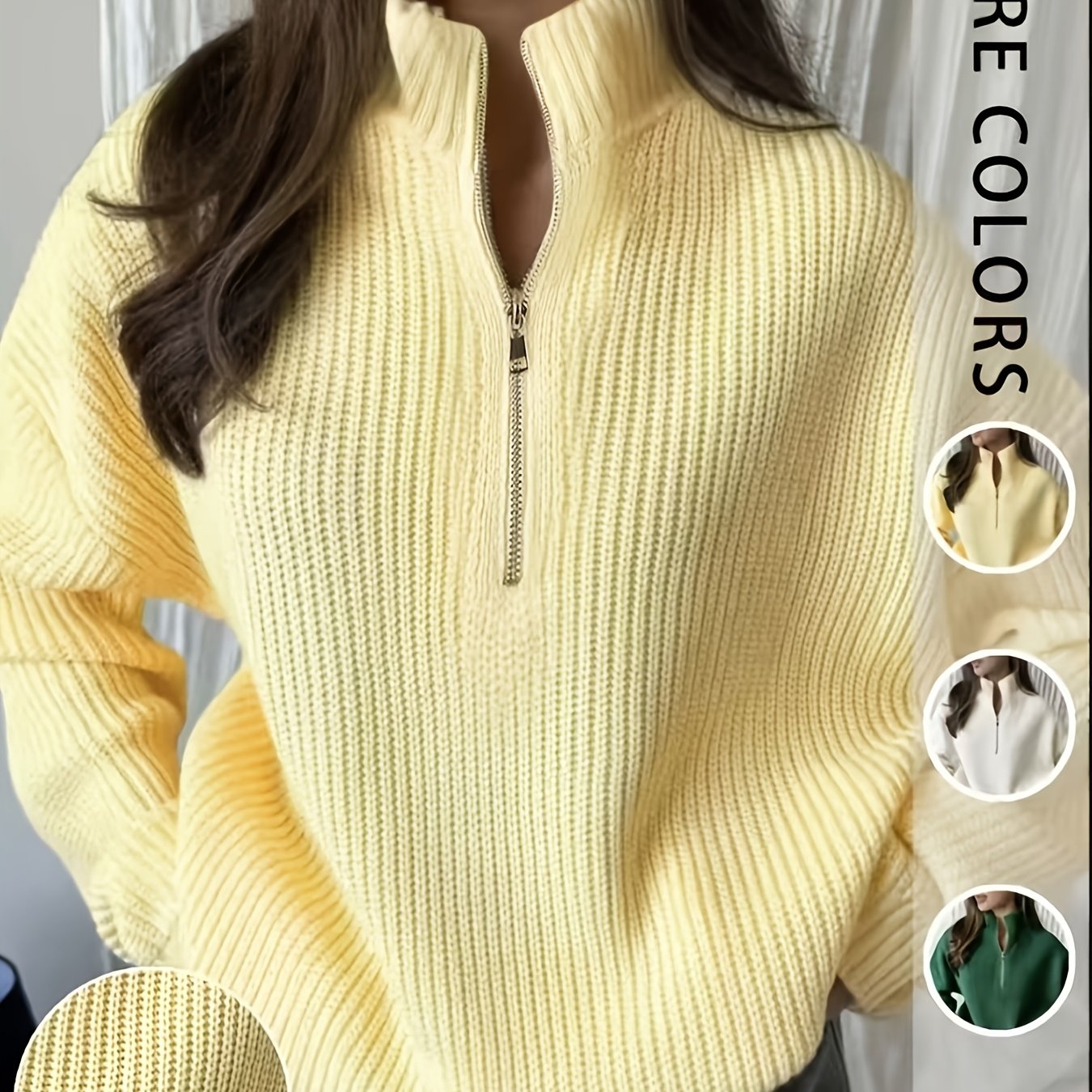 TEMU Pull Femme Évasé à Col et Demi-Zip Directionnel Er Yu, Haut Lâche et Épais en Nœuds Mous