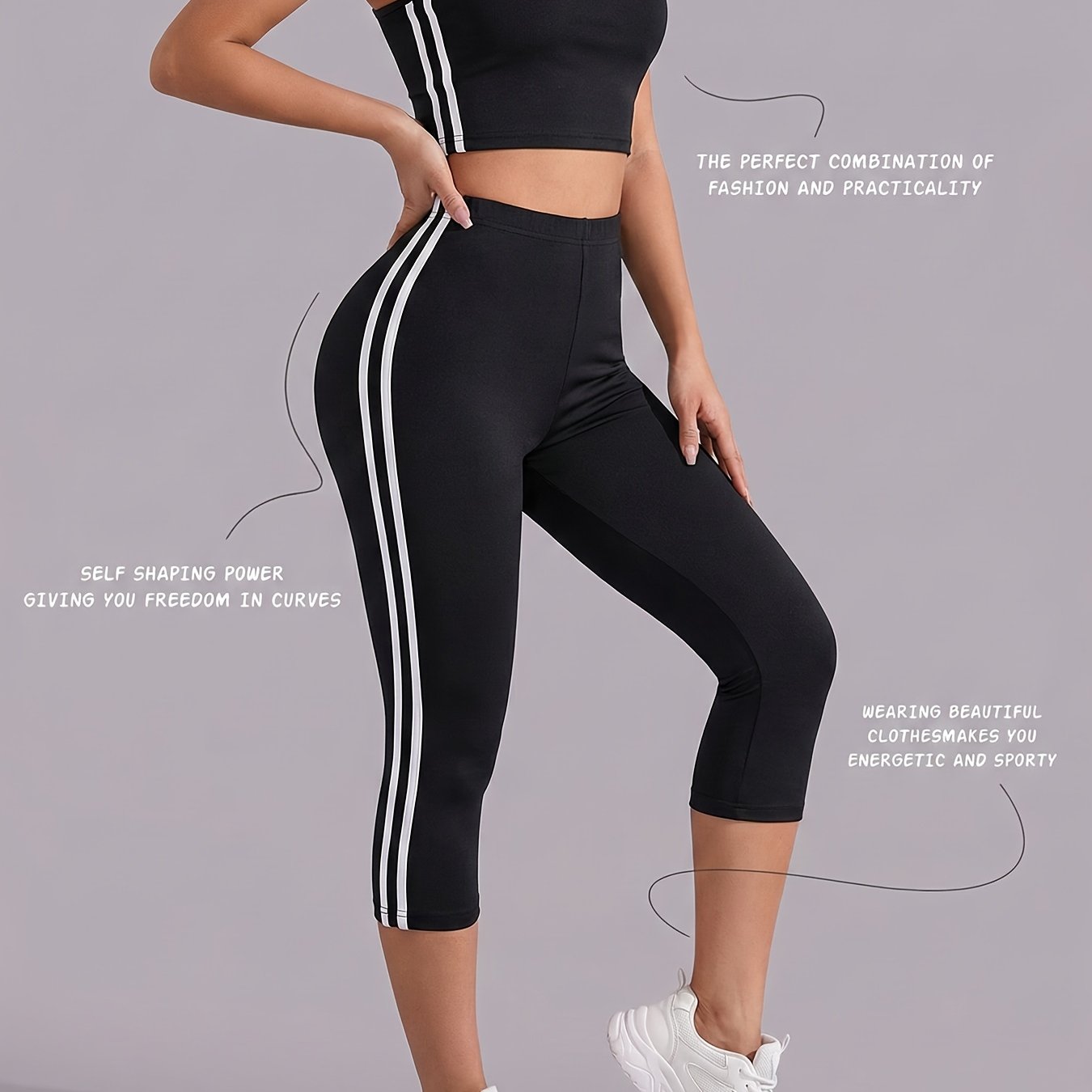 TEMU Summer Women's Spicy Cami Capri Pants Set, Design + Black And White Side Stripes, Slim Fit Curve-enhancing, For /daily Streetwear, Stretchy,
