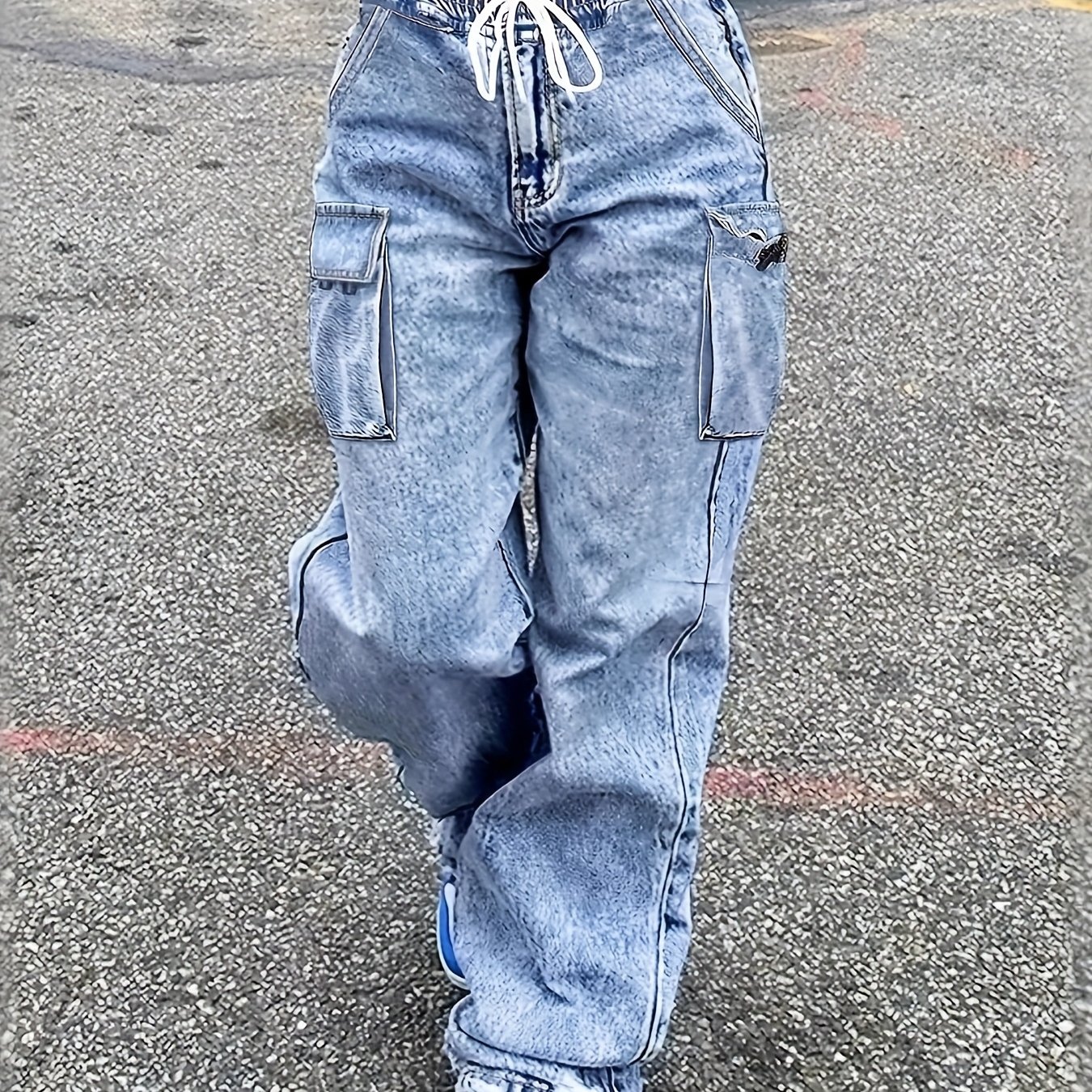 TEMU Women's 2025 New Casual Loose Fit Versatile Denim Jeans With Multiple Pockets And Drawstring Workwear Pants