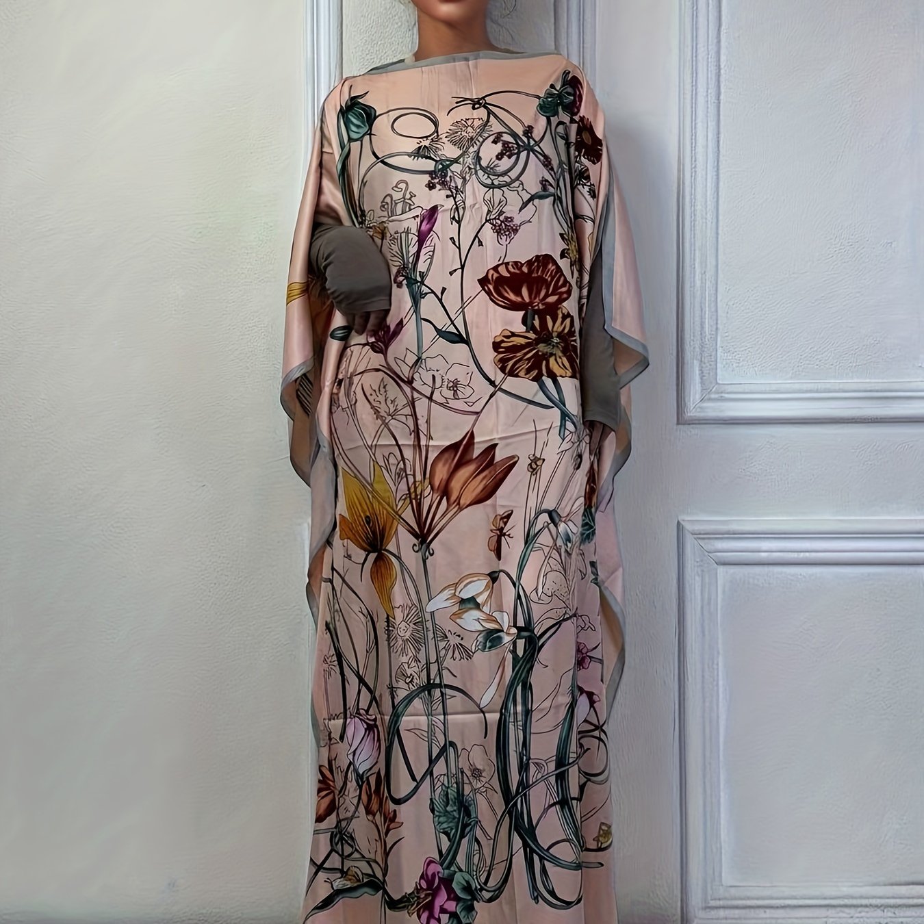 Image of Floral Print Loose Kaftan Dress, Elegant Batwing Sleeve Loose Maxi Dress For Beach, Women's Clothing
