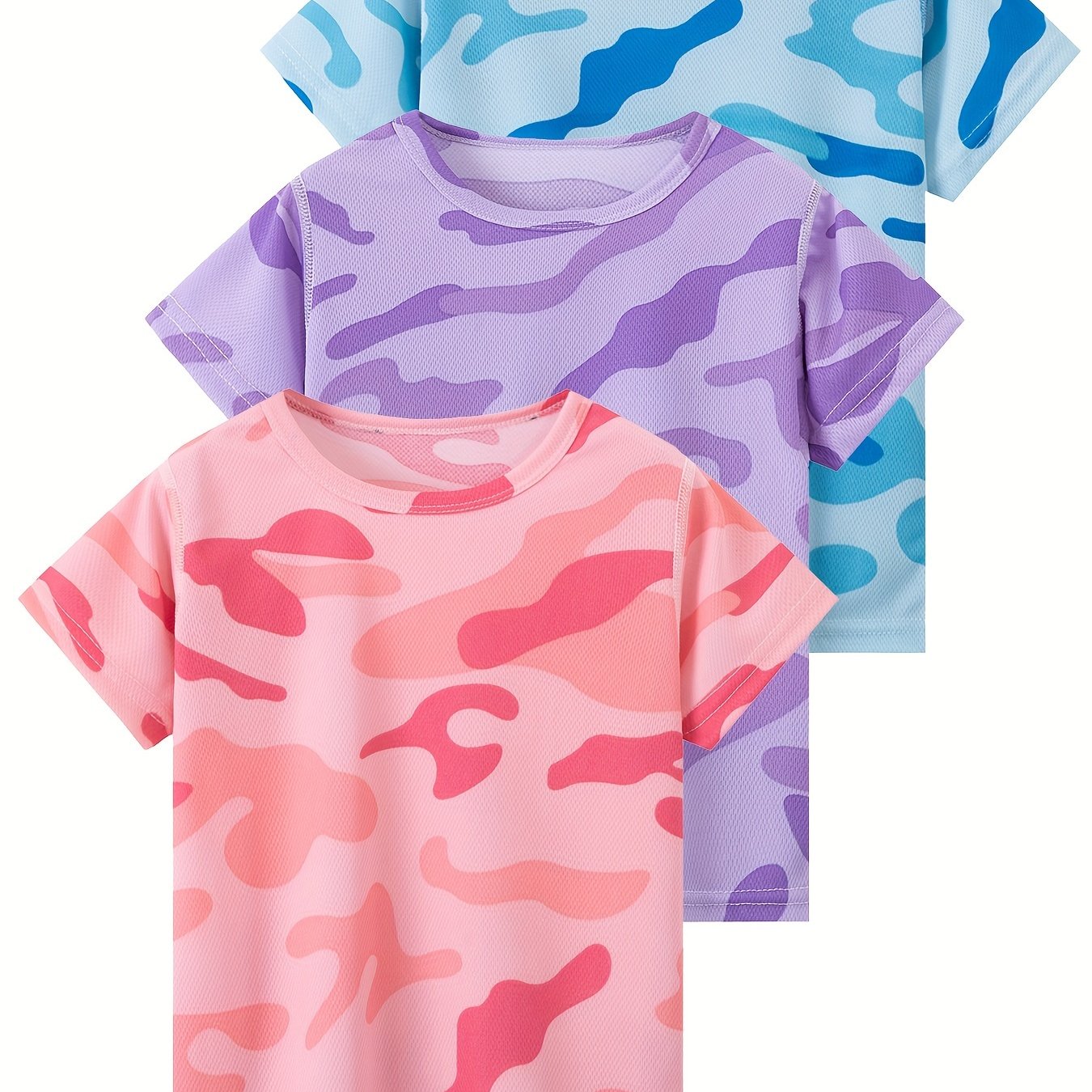 Image of Girls 3pcs/set Casual & Trendy Camouflage Short Sleeve T-shirts For , Girls Tops For Street Wear