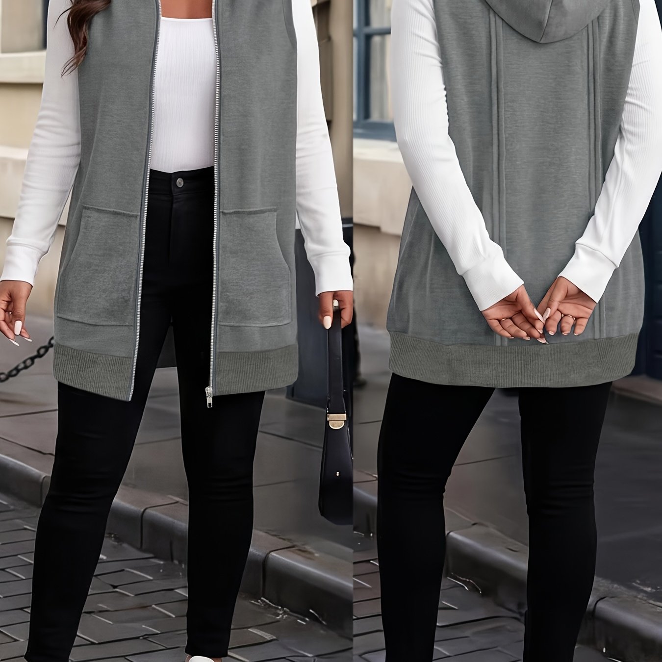TEMU Plus Size, Everyday Lazy Plus-size Hooded Zip-up Top, Sleeveless Commuting Loose-fit Simple Versatile Women's Vest
