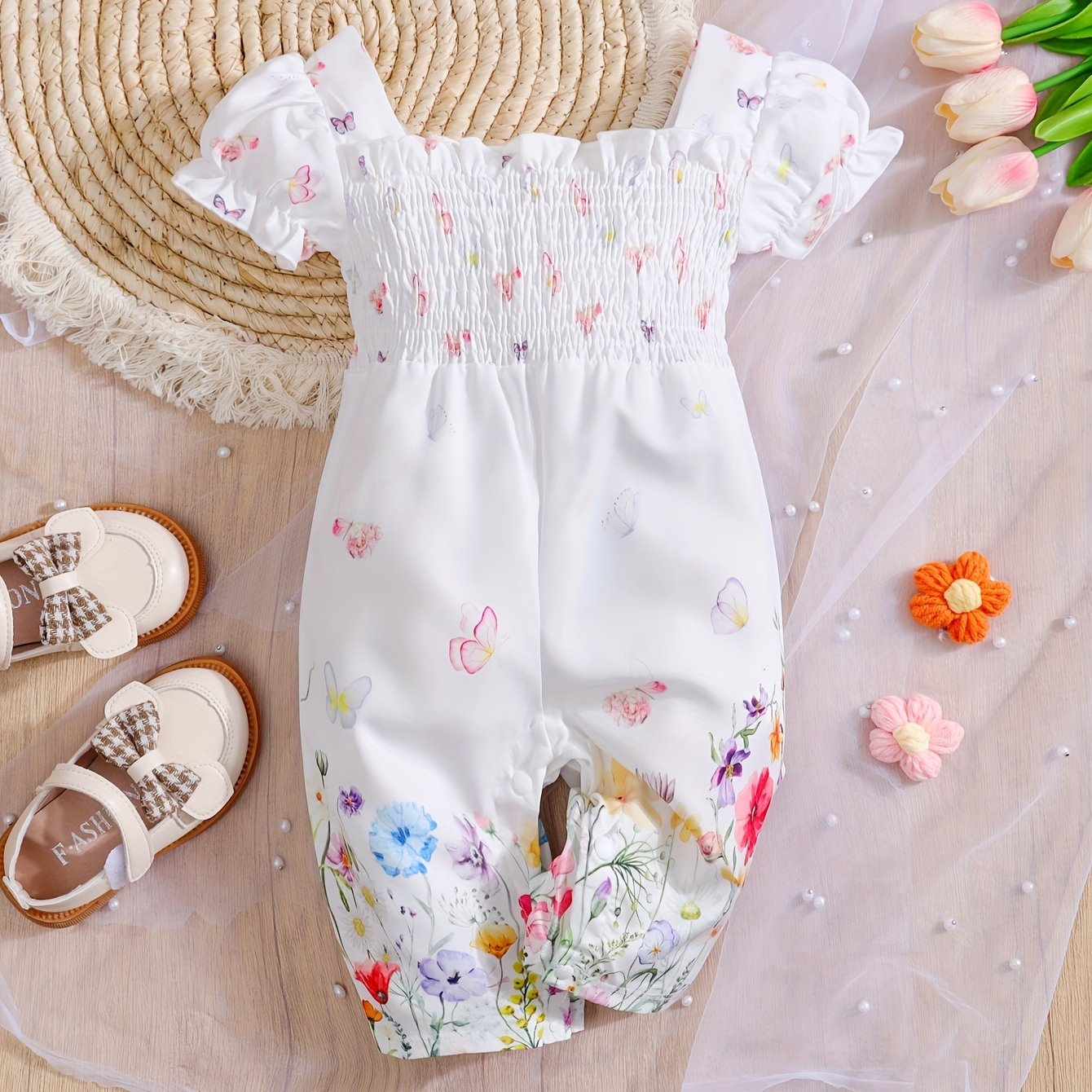 Image of Newborn Baby Girl Floral Print Puff Sleeve Baby Jumpsuit, For Outdoor, Halloween